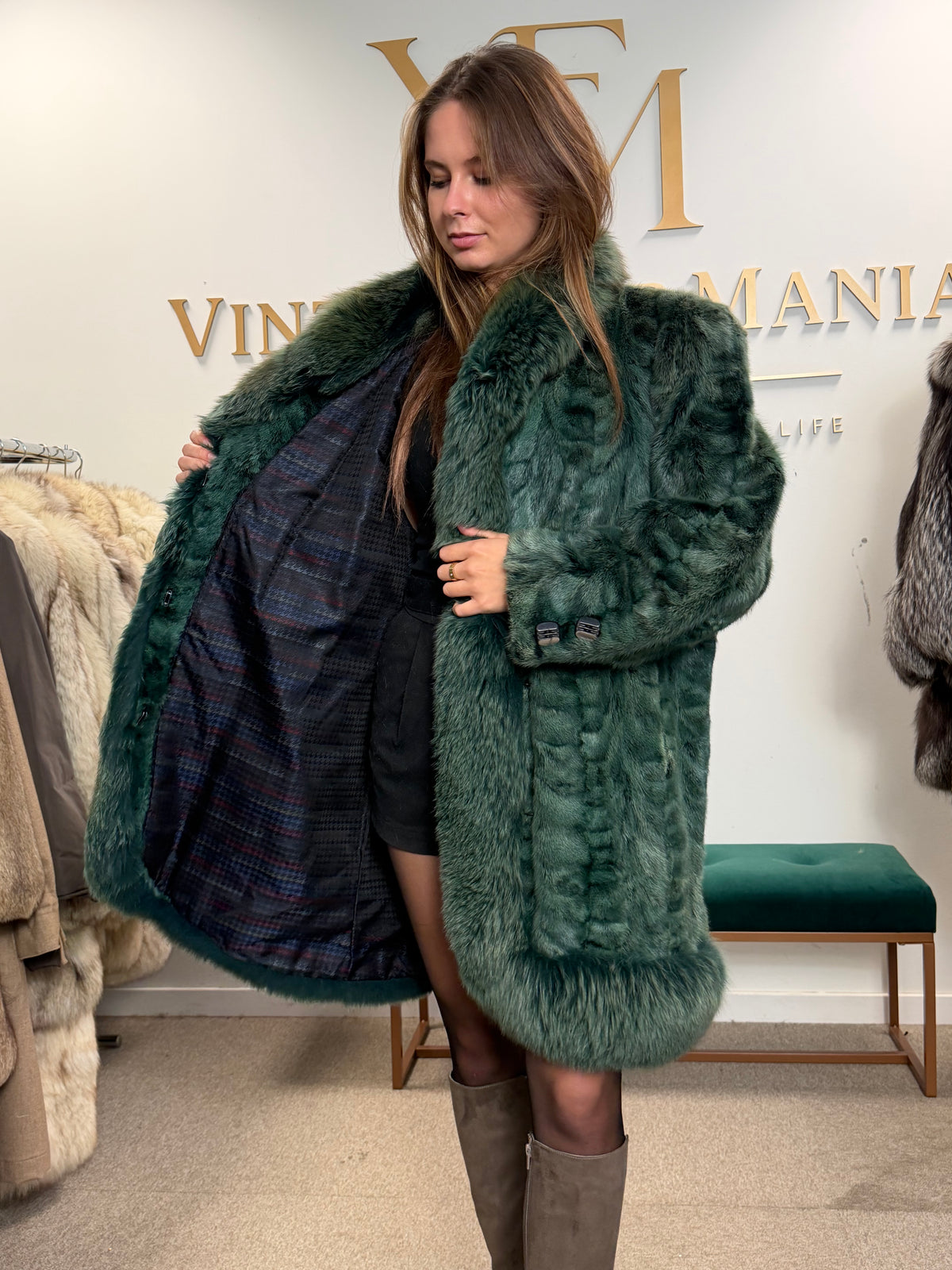 Green Dyed Mink Fur Coat with Fox Collar, XL