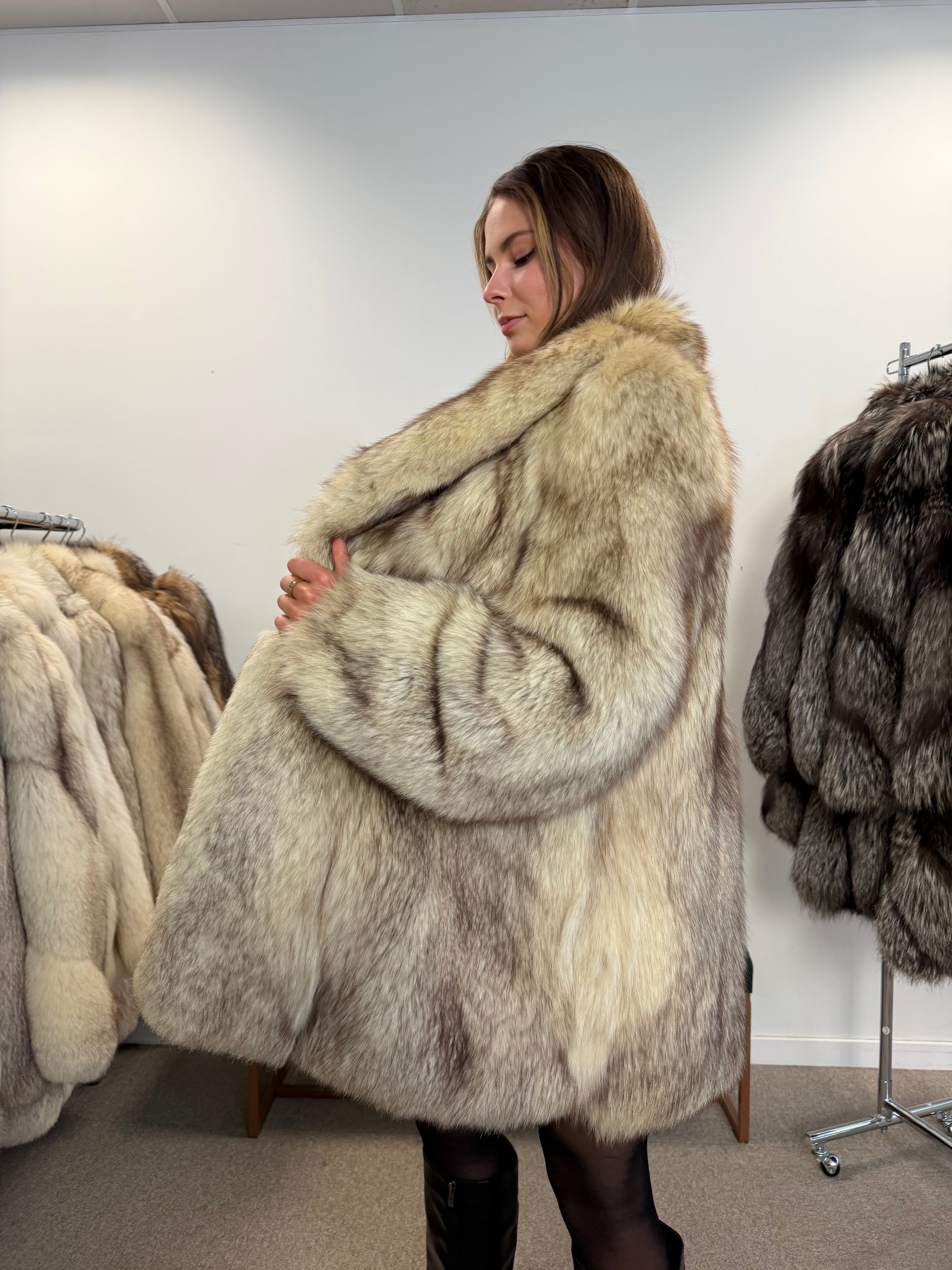 White Nordic Fox Real Fur Coat, Size L
