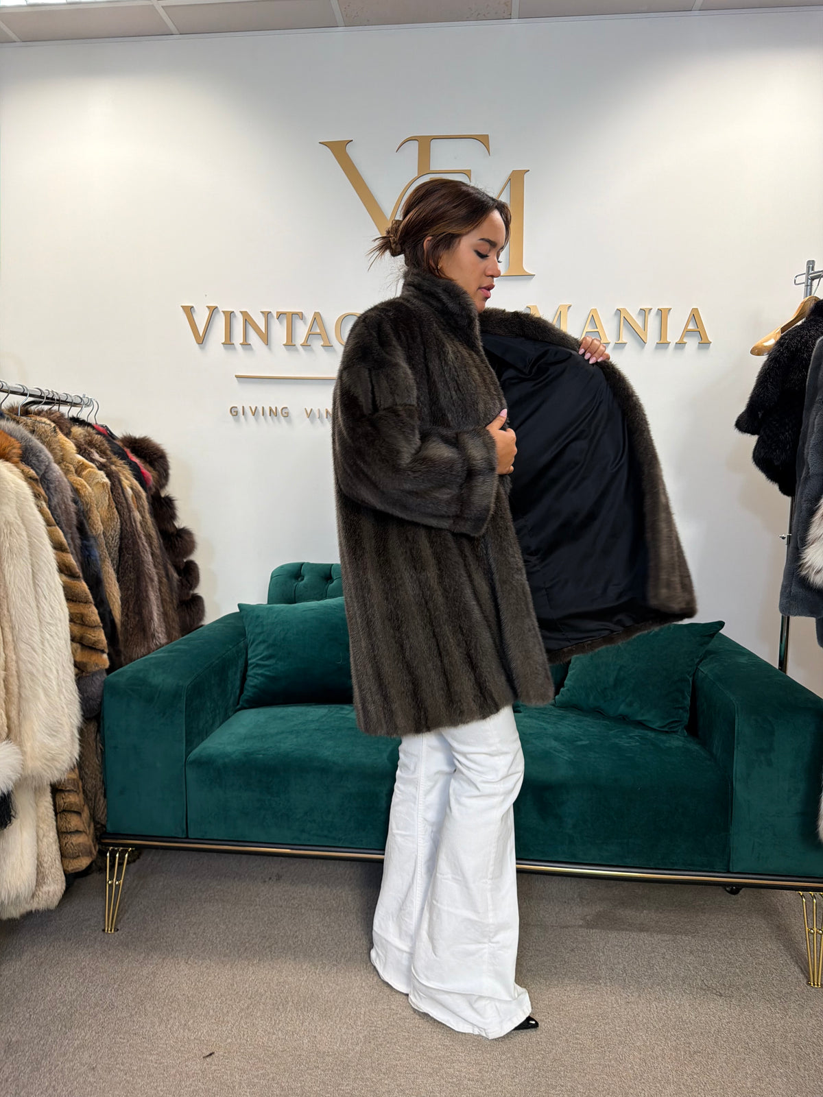 Dark Green Dyed Cross Mink Fur Jacket, 3XL, Oversize