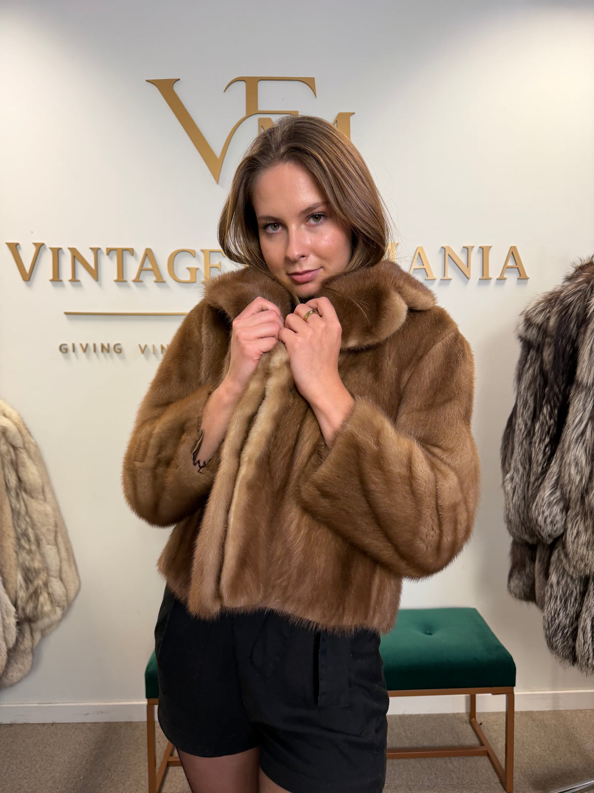 Light Beige Mink Fur Jacket, Medium, Short Sleeves