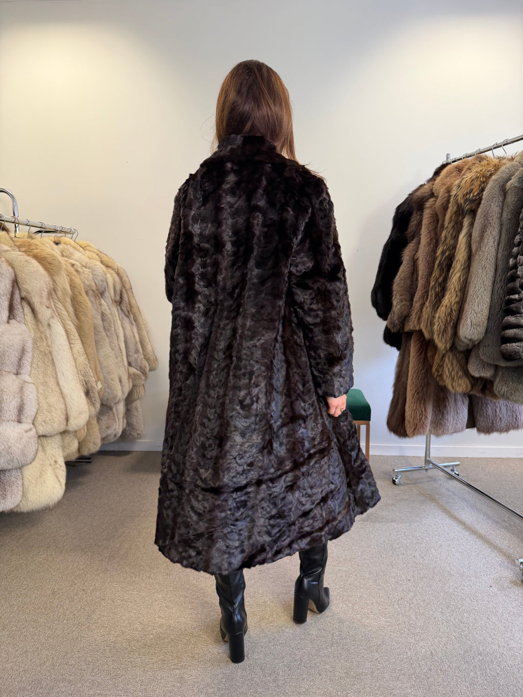 Brown Mink Fur Coat, Pieced, Full Length, Medium