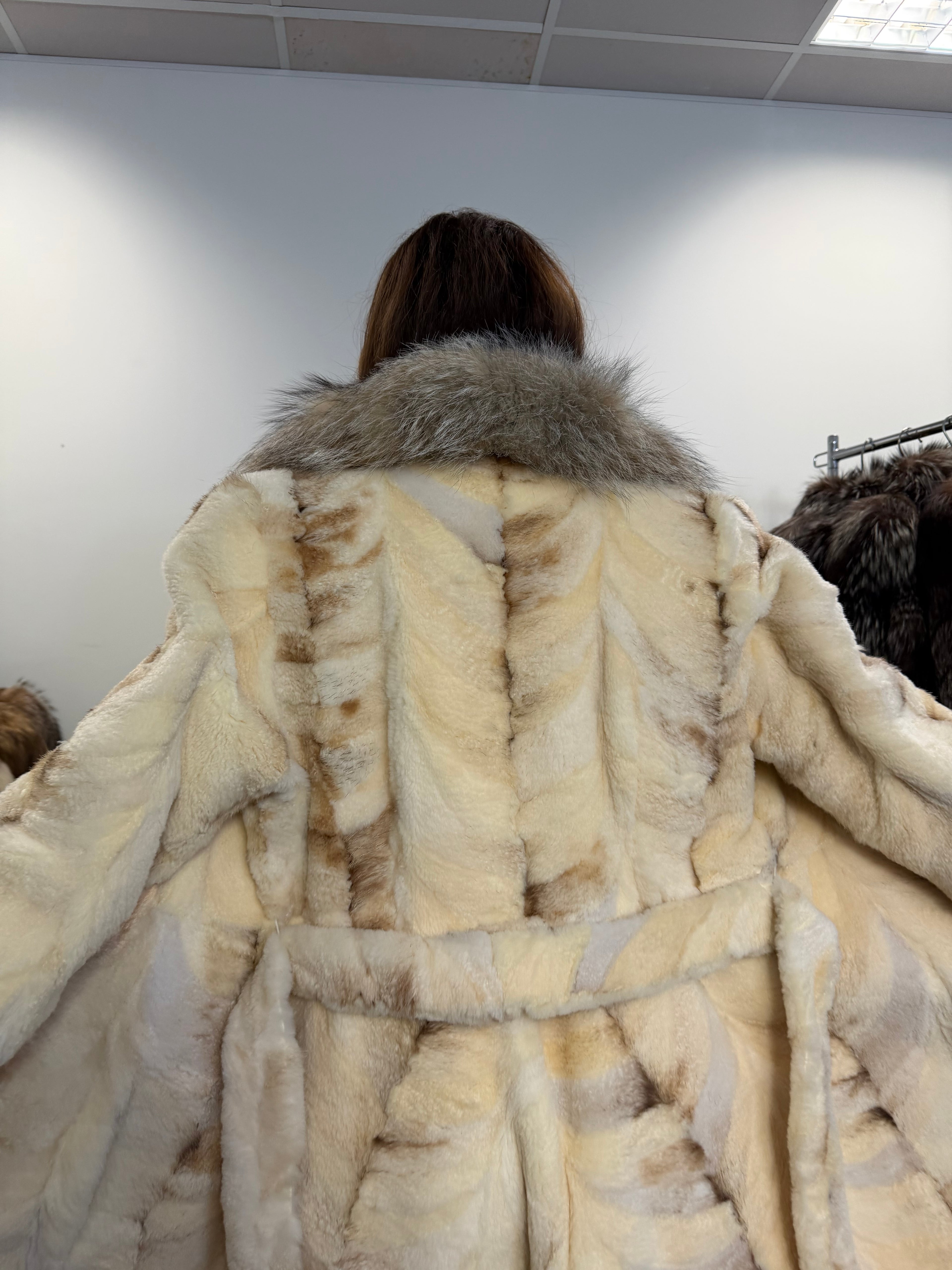 Mink Fur Coat, Sheared White, Fox Collar, Size M
