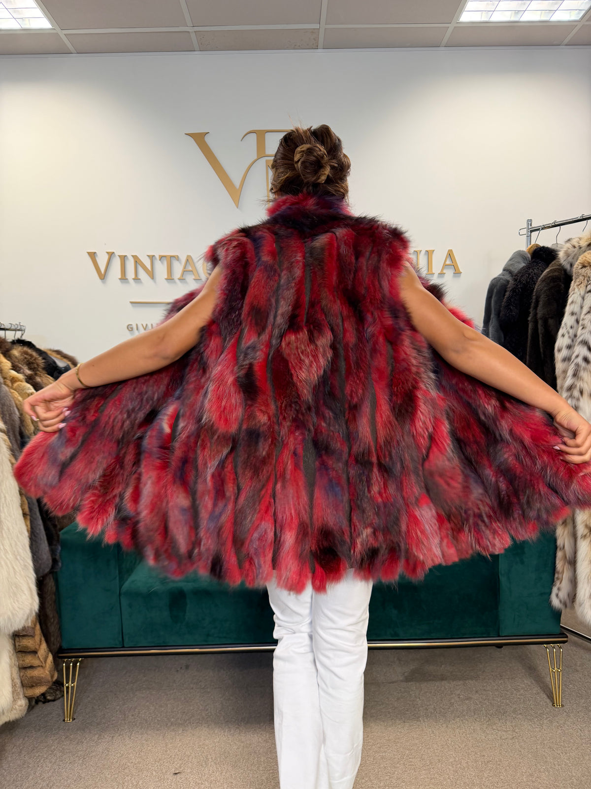 Red Dyed Fox Fur Vest, XL