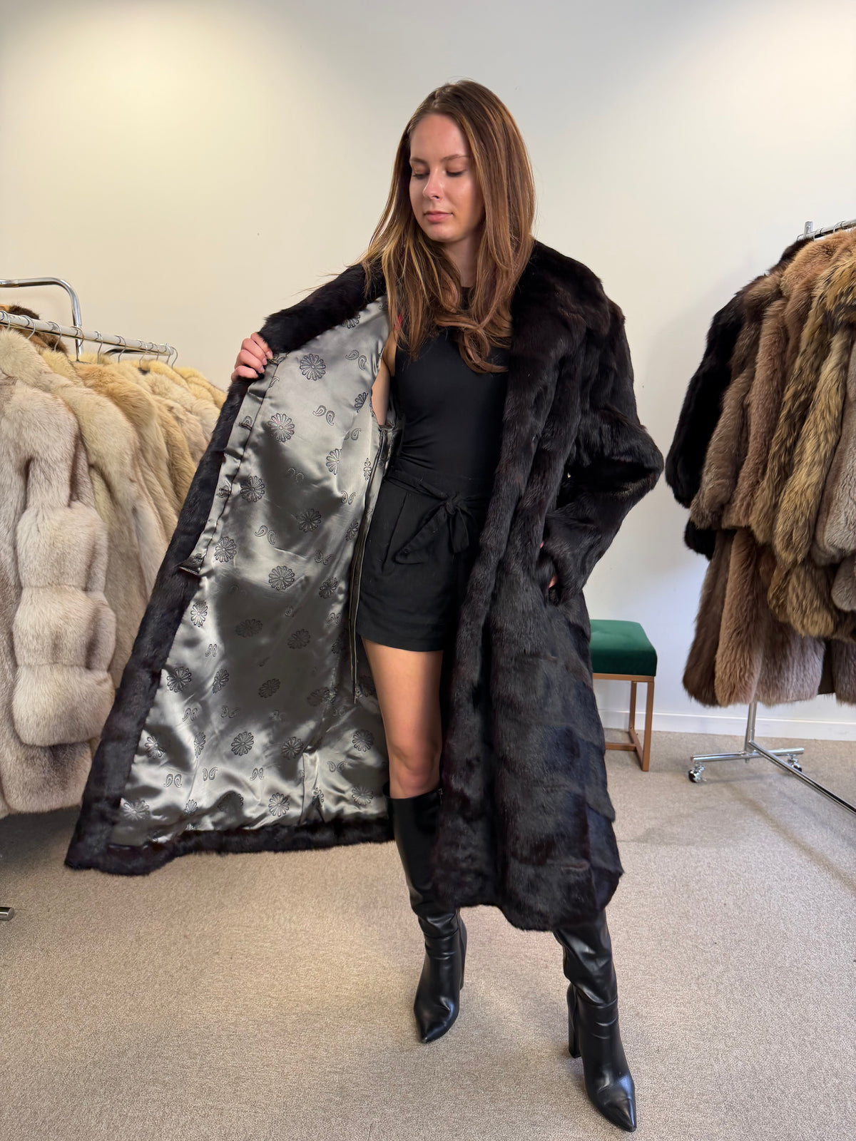 Black Rabbit Fur Coat, Large, Full Length, Soft
