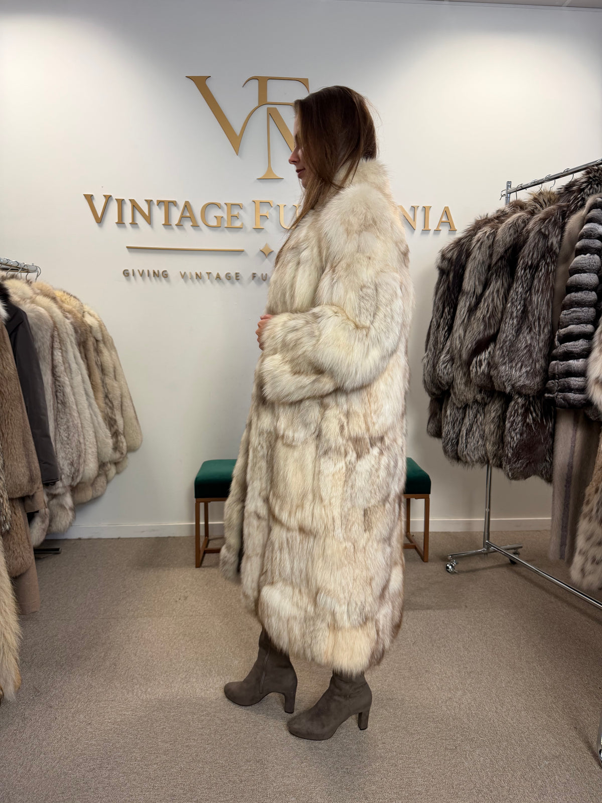 White Fox Fur Coat, Full Length, Pieced, Slim Medium