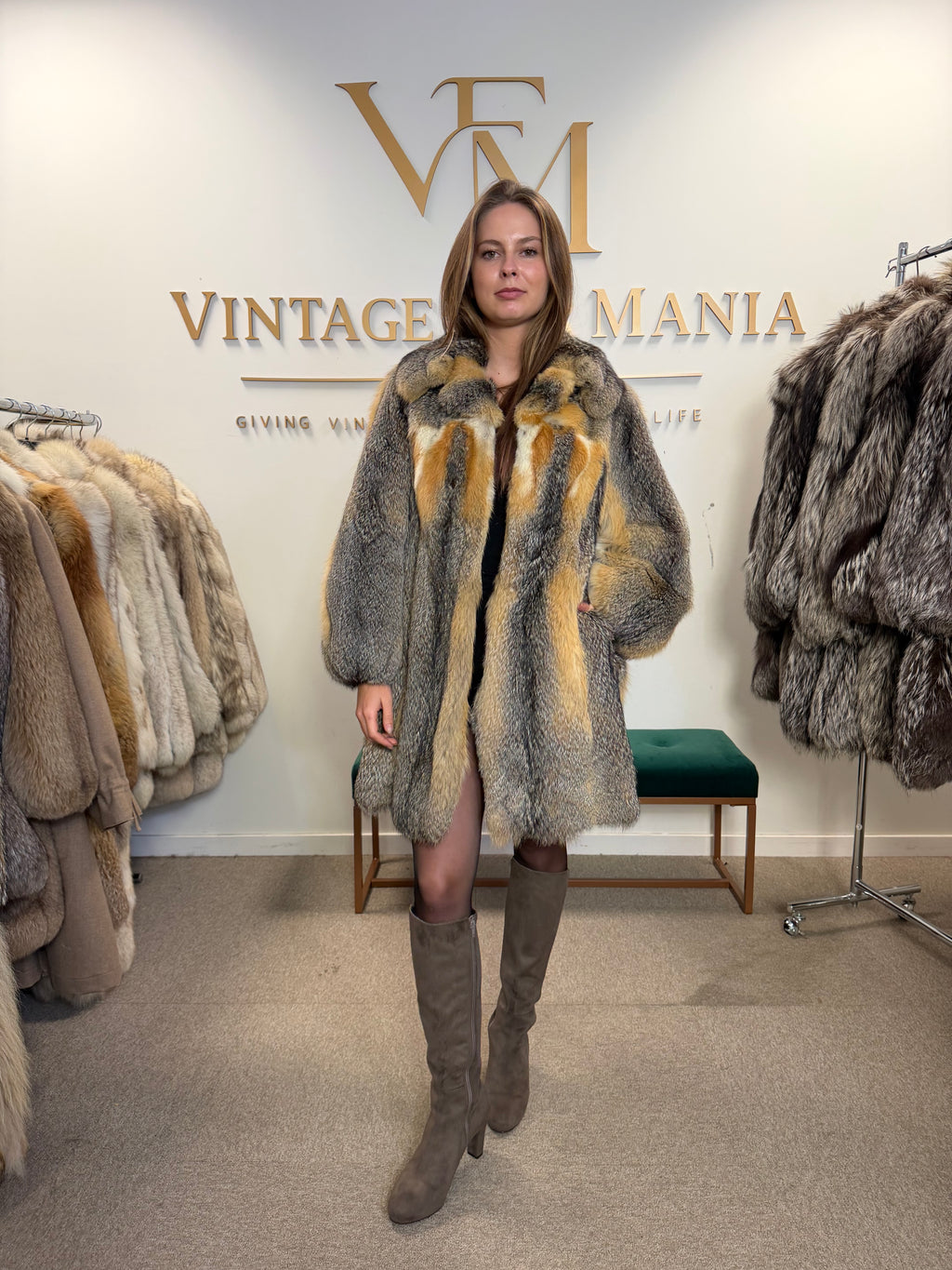Grey Fox Fur Jacket, Medium, Golden Lining