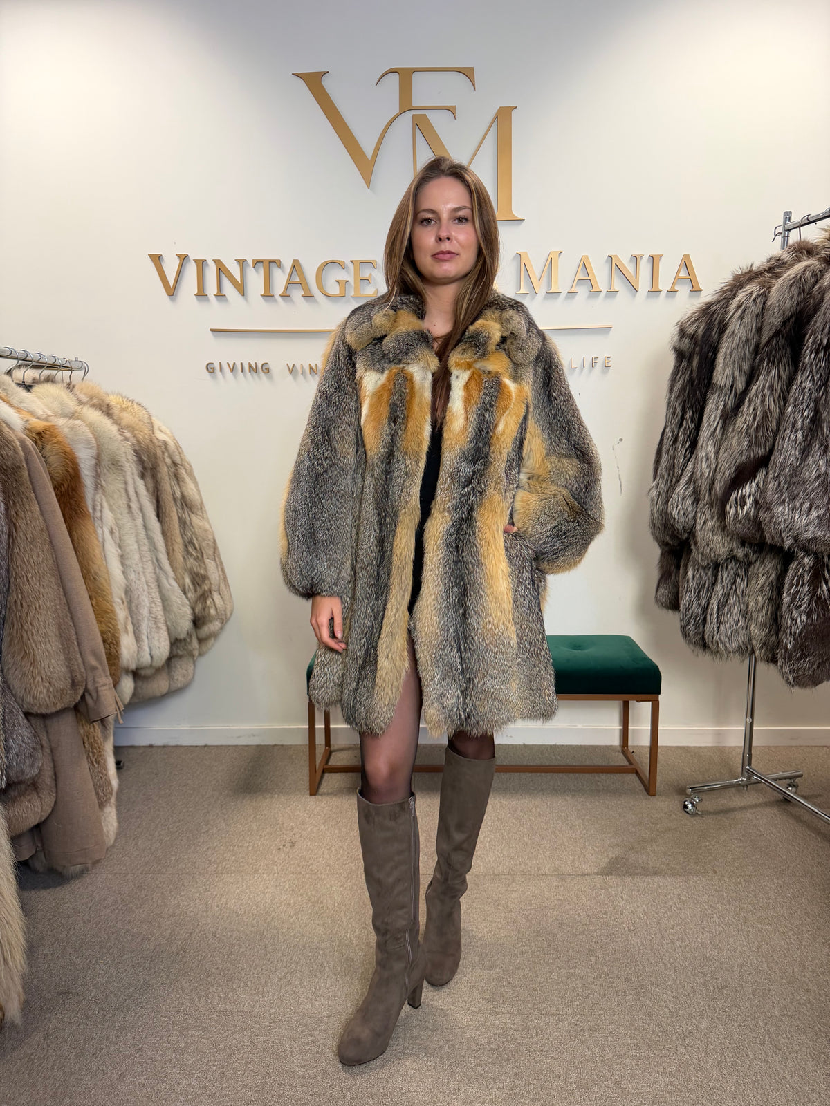 Grey Fox Fur Jacket, Medium, Golden Lining