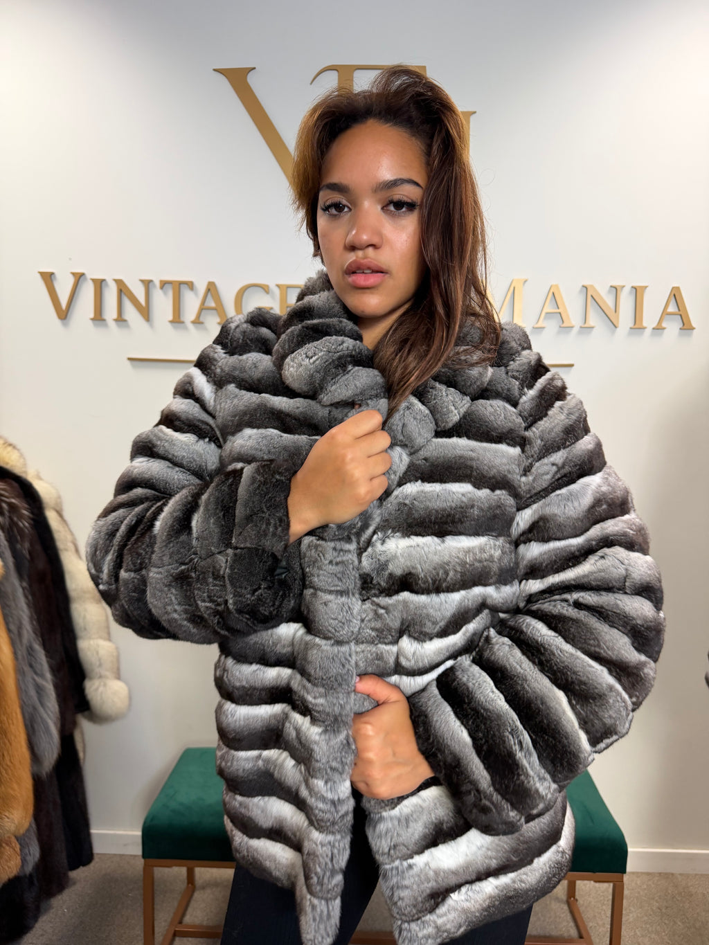 Chinchilla Fur Jacket, Grey, Medium, New Handmade
