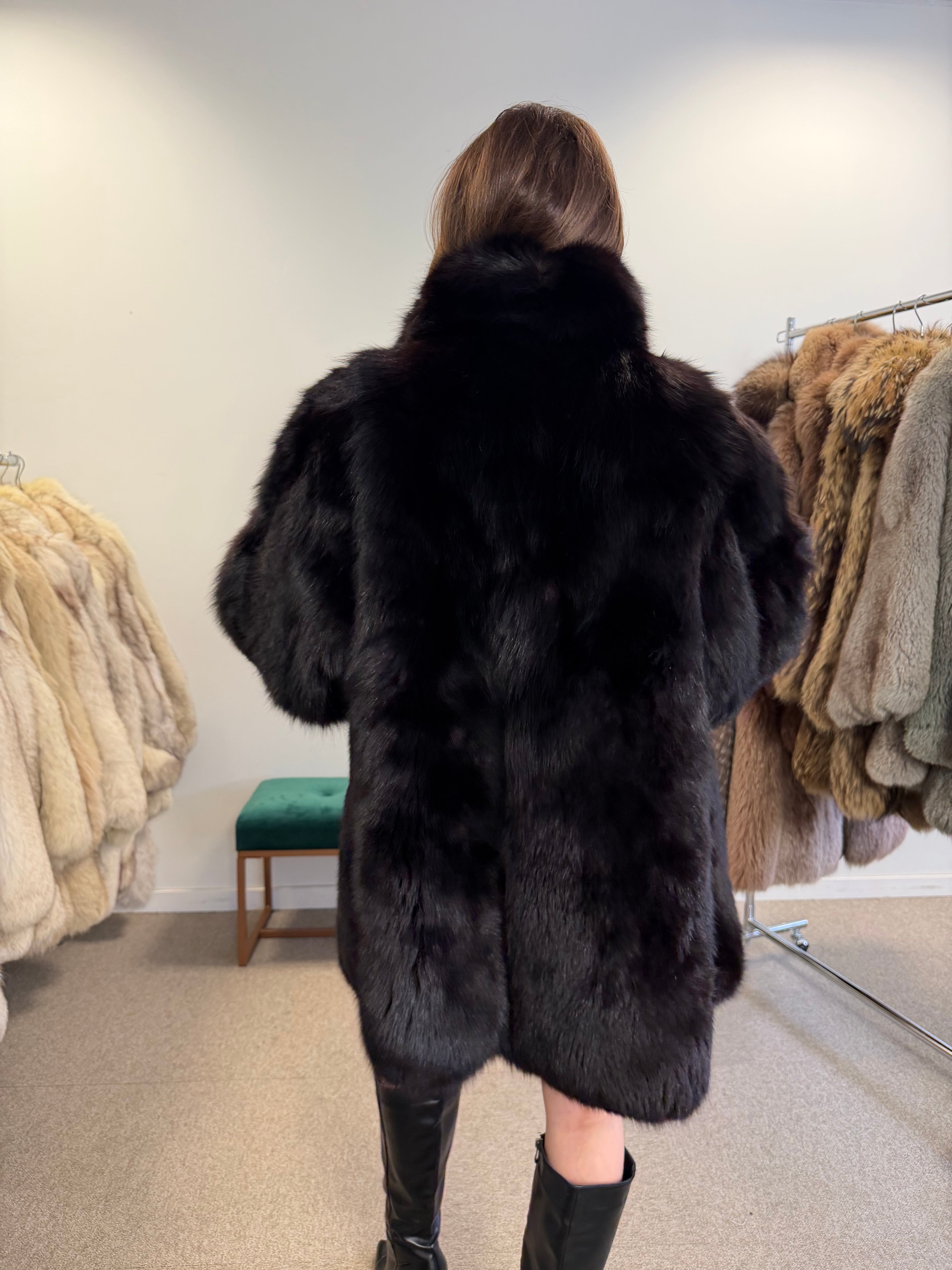 Fox Fur Coat, Black, Size L