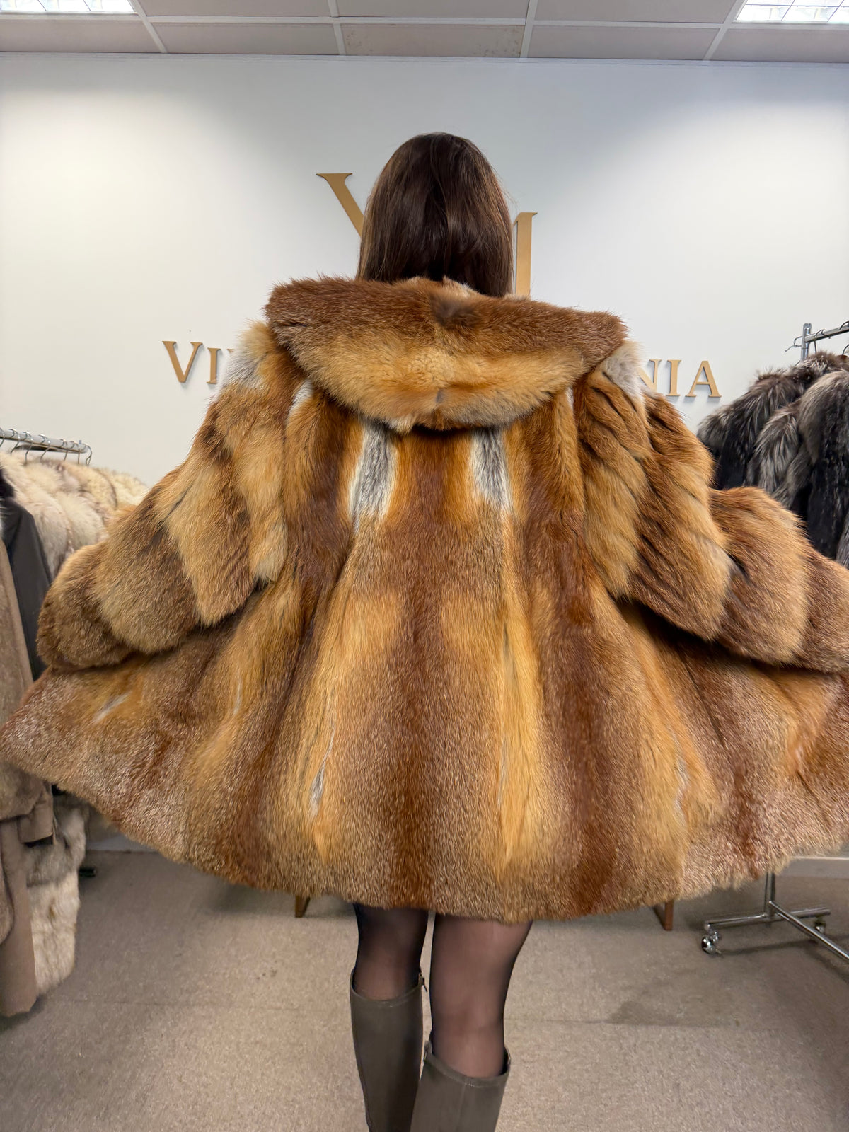 Red Fox Fur Coat, Large, Hooded