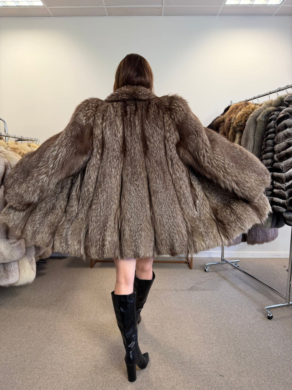 Silver Fox Fur Coat, Hip Length, Size L