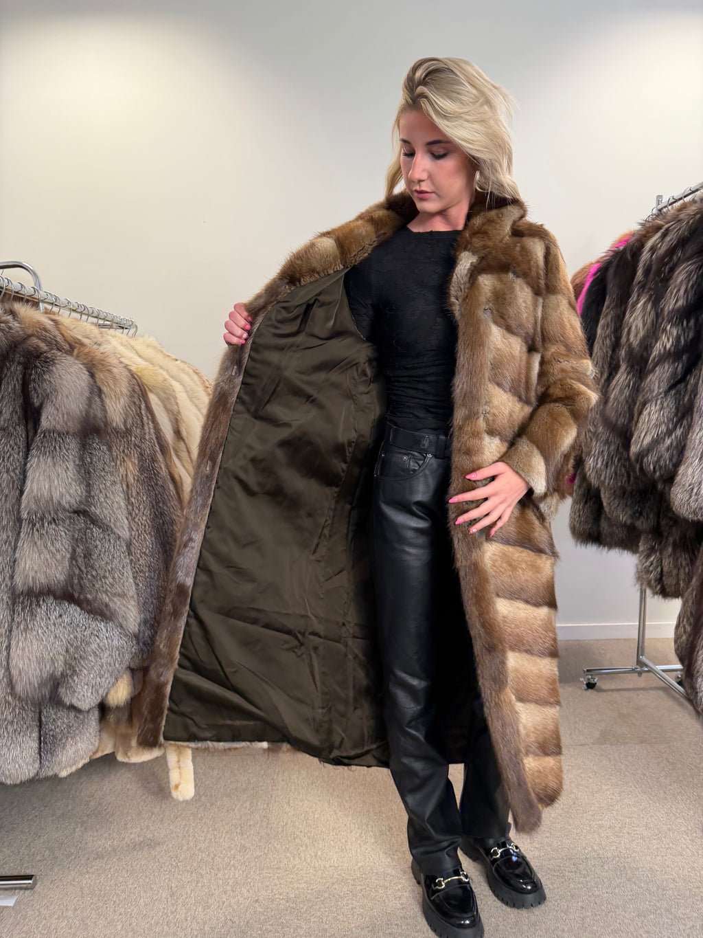 Muskrat Fur Coat, Brown, Full Length, Size S