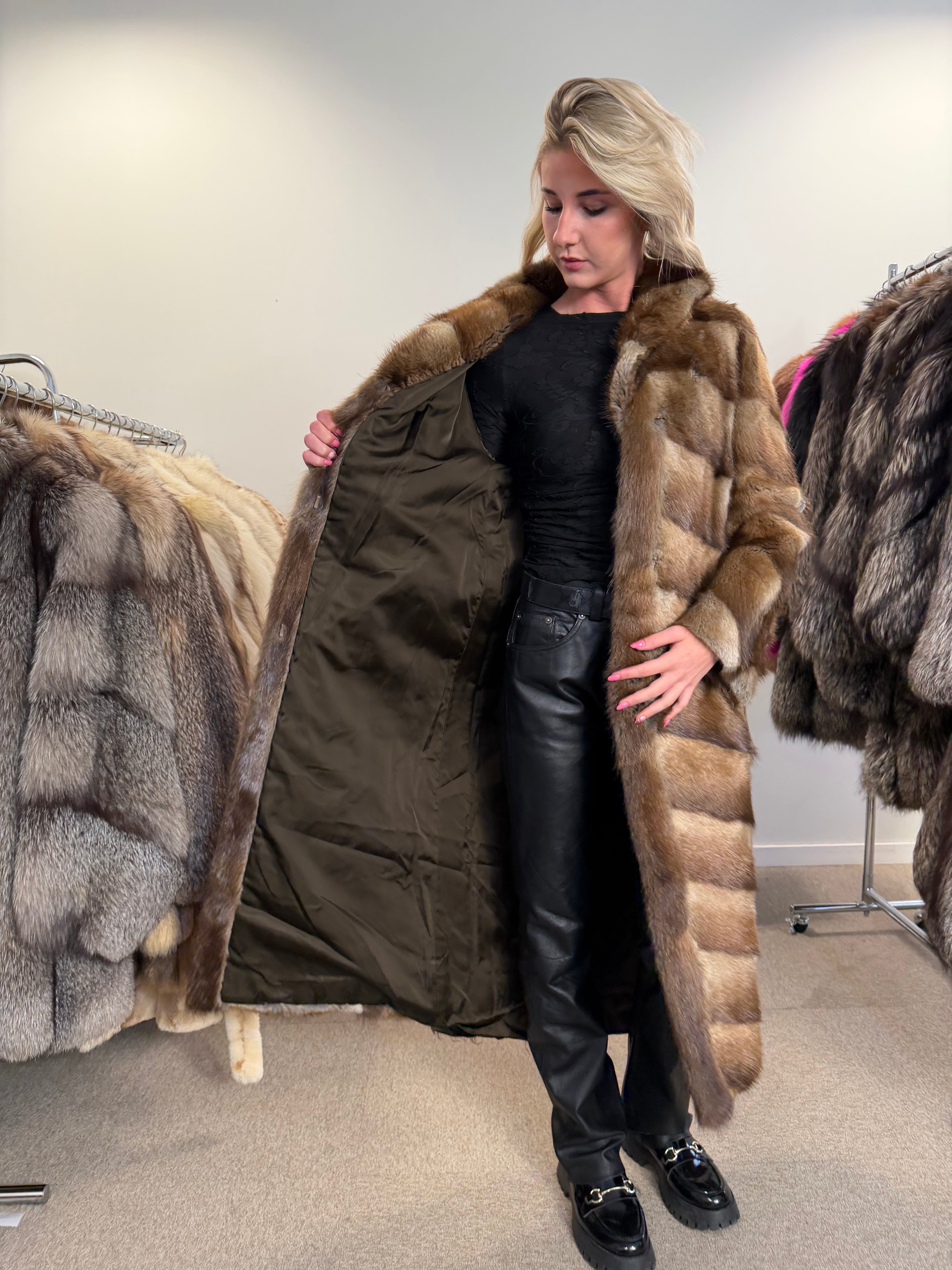 Muskrat Fur Coat, Brown, Full Length, Size S