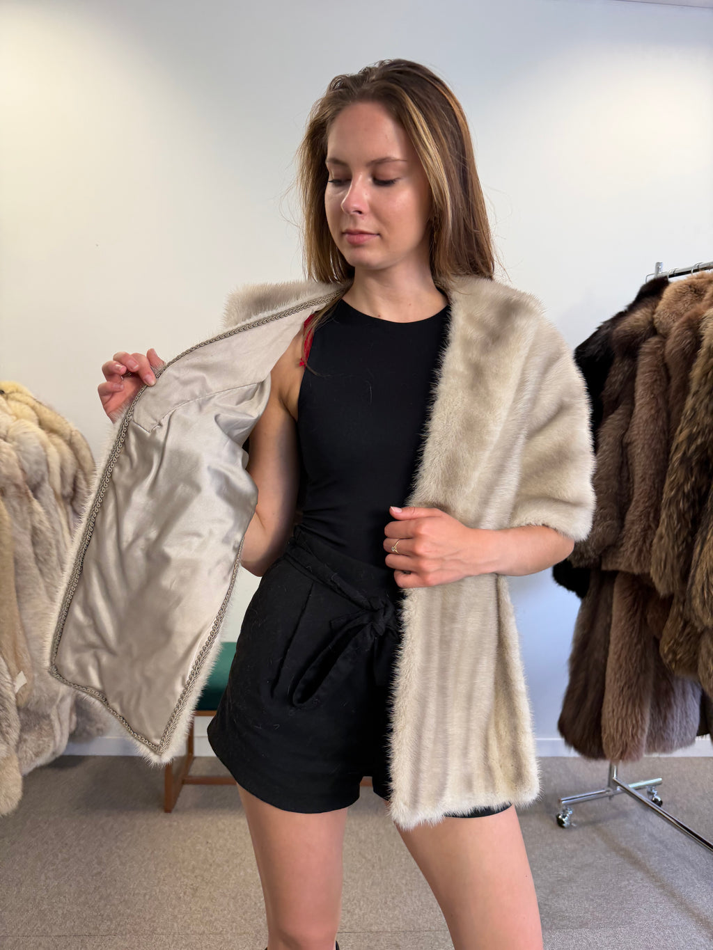 Mink Fur Stole, Grey, High Quality 150 cm