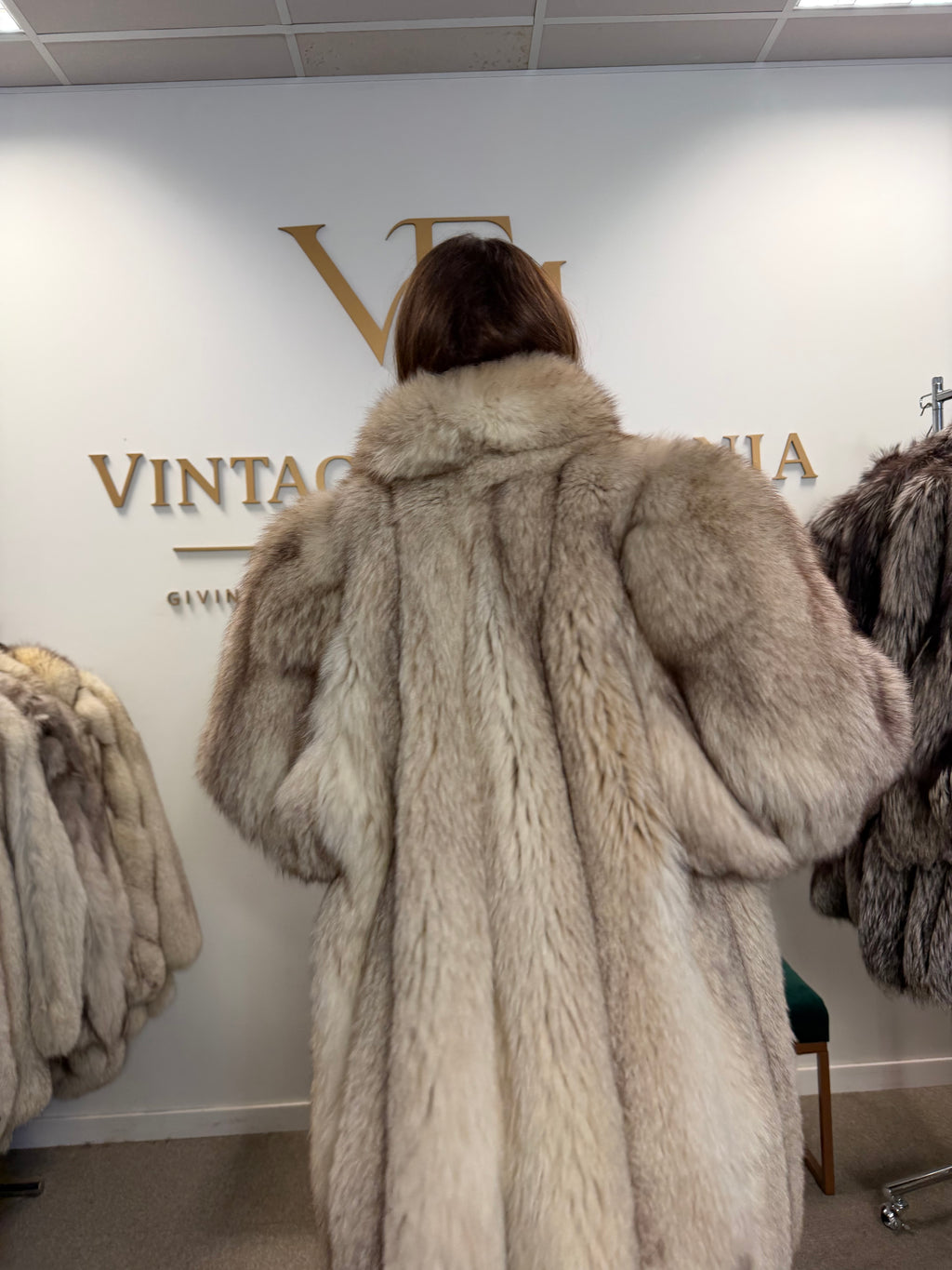 White Fox Fur Coat, Large, Brown Lining