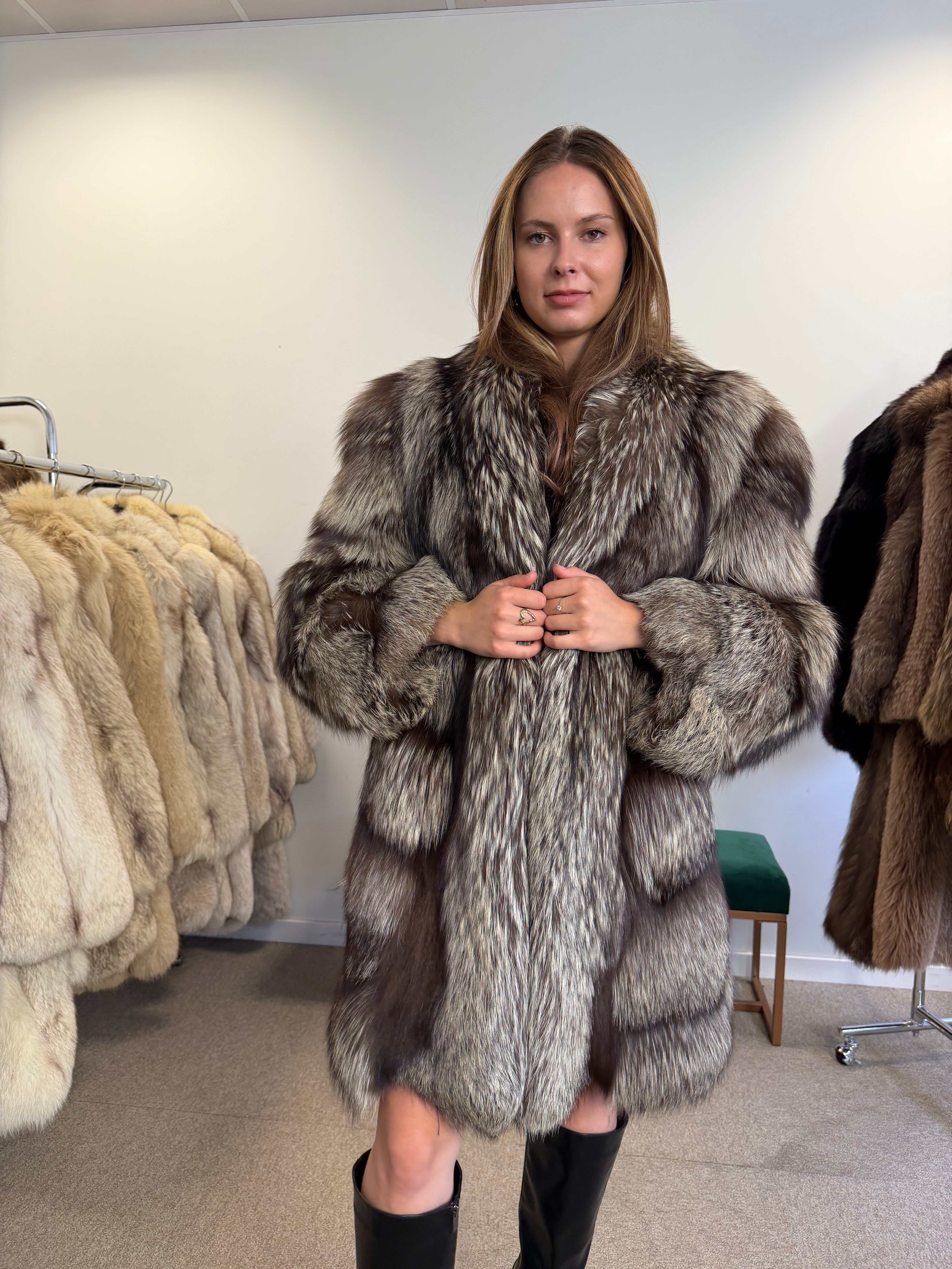 Real Silver Fox Fur Coat, Long Oversized, Size XL