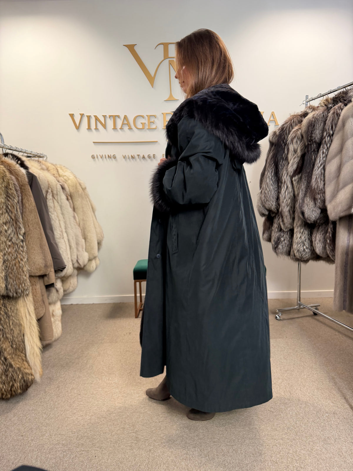 Blue & Black Mink-Lined Overcoat, XL, Hooded, Fox Collar