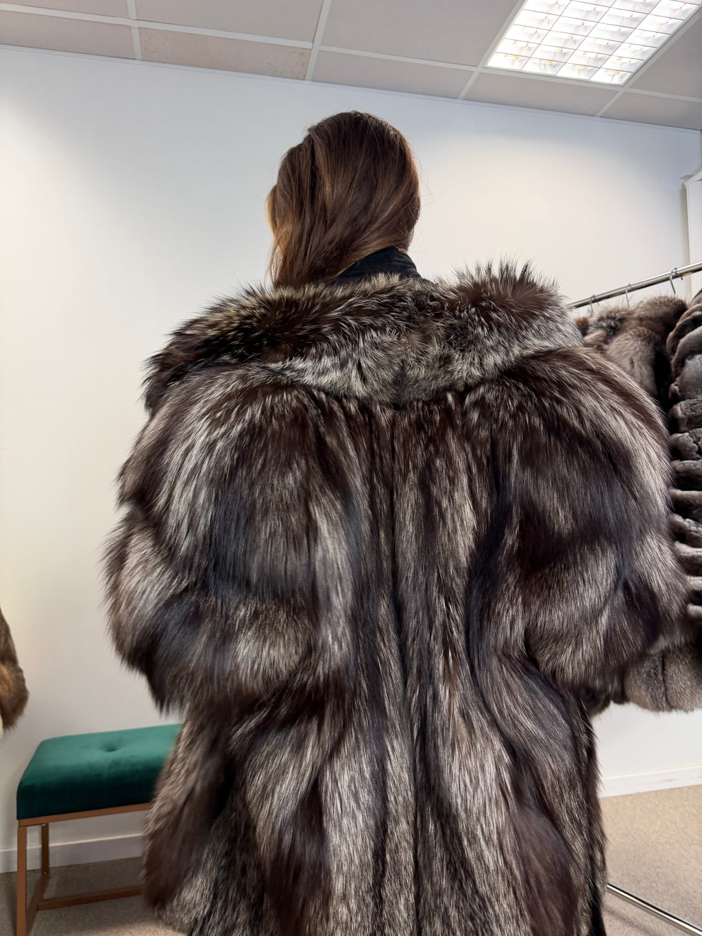 Silver Fox Real Fur Coat, Size L, Stand Up Collar