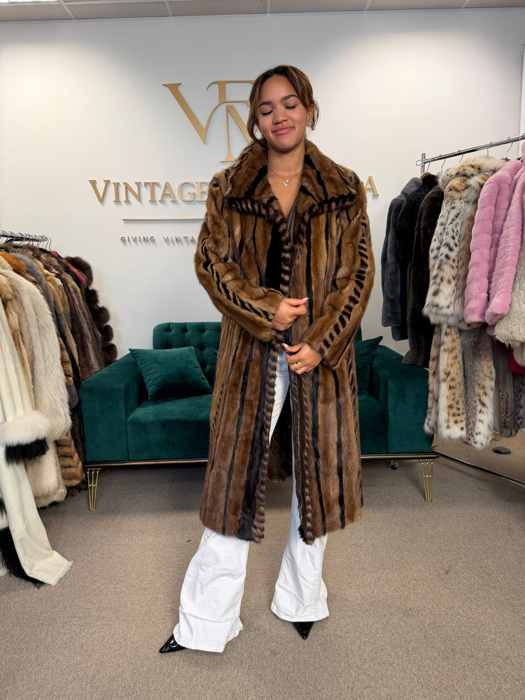 Luxury Pastel Mink Fur Coat, Large, Two-Tone Design