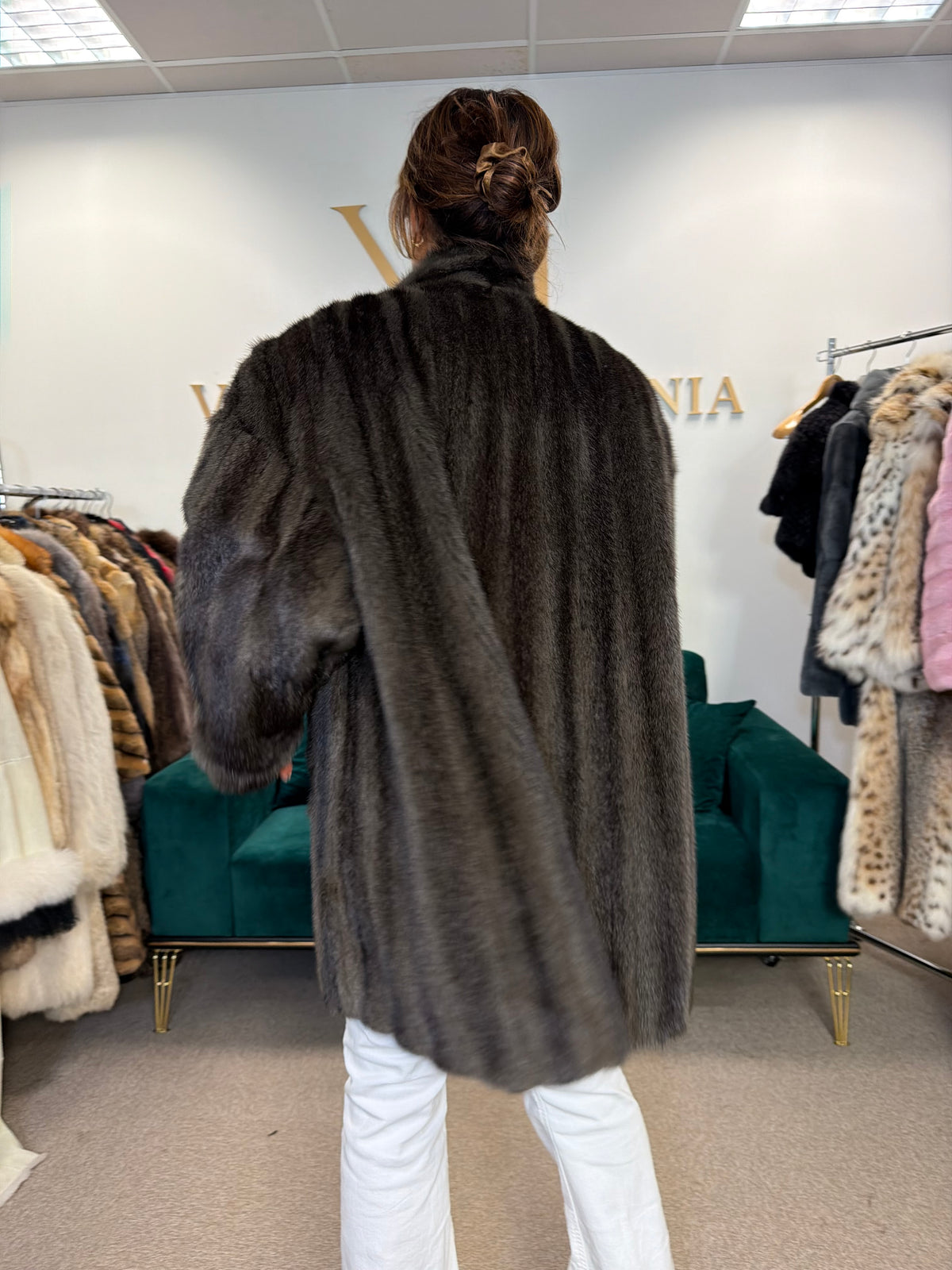 Dark Green Dyed Cross Mink Fur Jacket, 3XL, Oversize