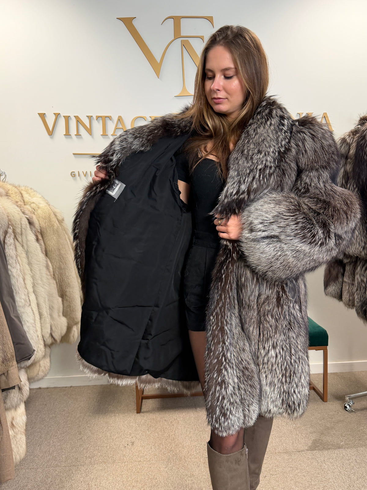 Silver Fox Fur Coat, XL, SAGA, Fluffy