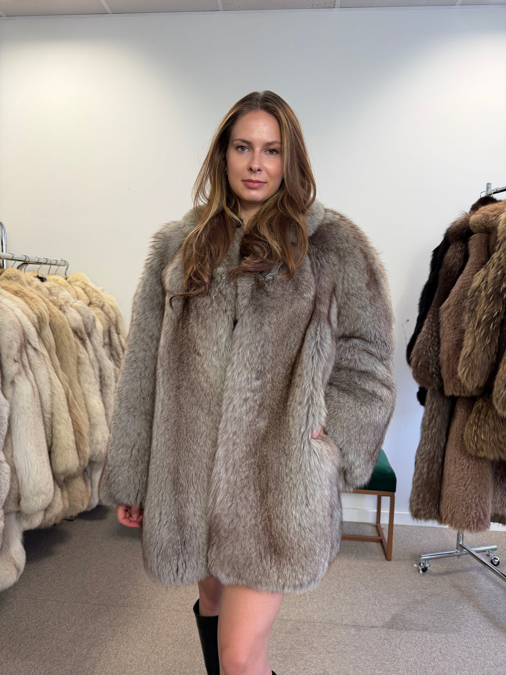 Blue Fox Fur Coat, Light Blue, Size M