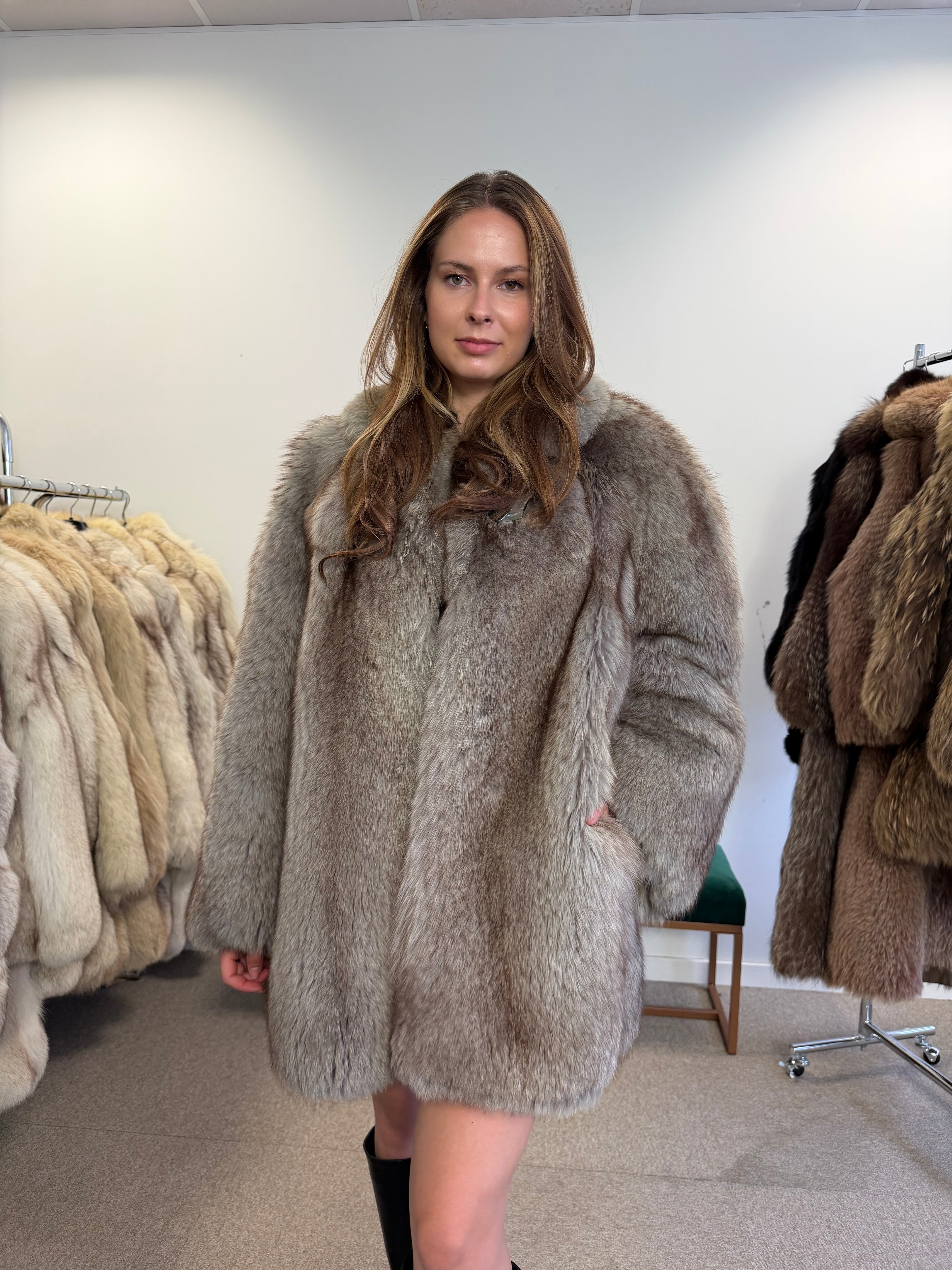 Blue Fox Fur Coat, Light Blue, Size M
