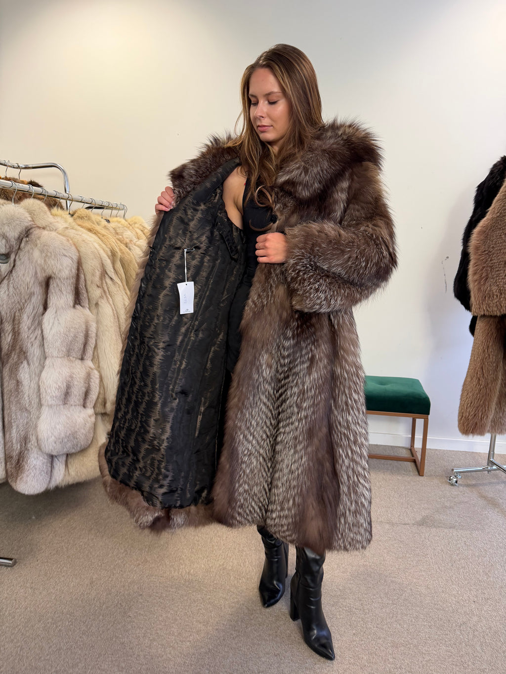 Silver Fox Fur Coat, Full Length, Size M