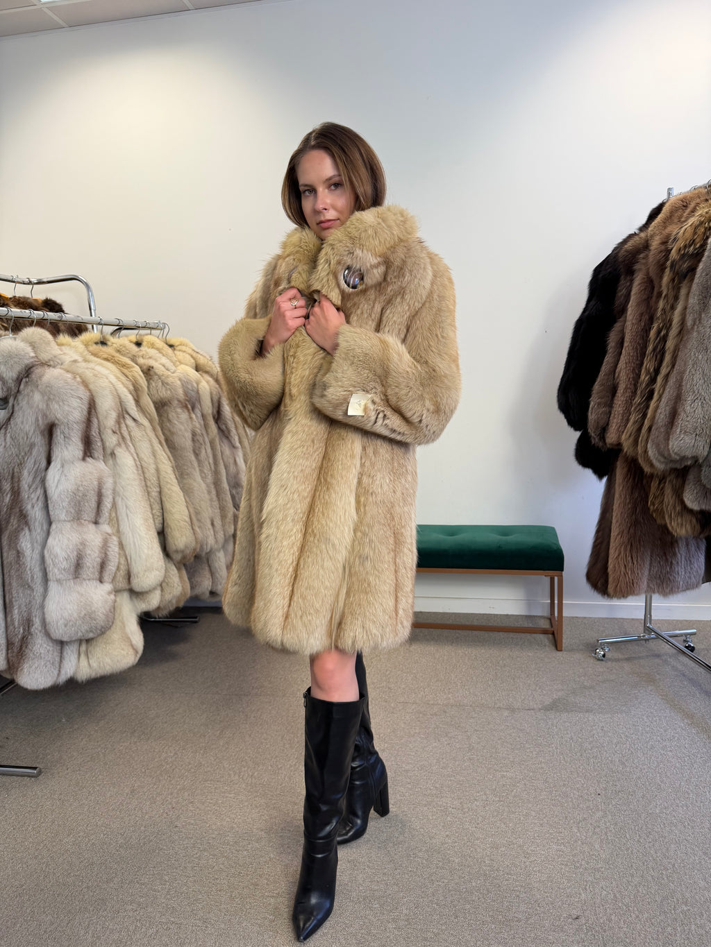 Blue Fox Fur Coat, Golden Reflection, Size S