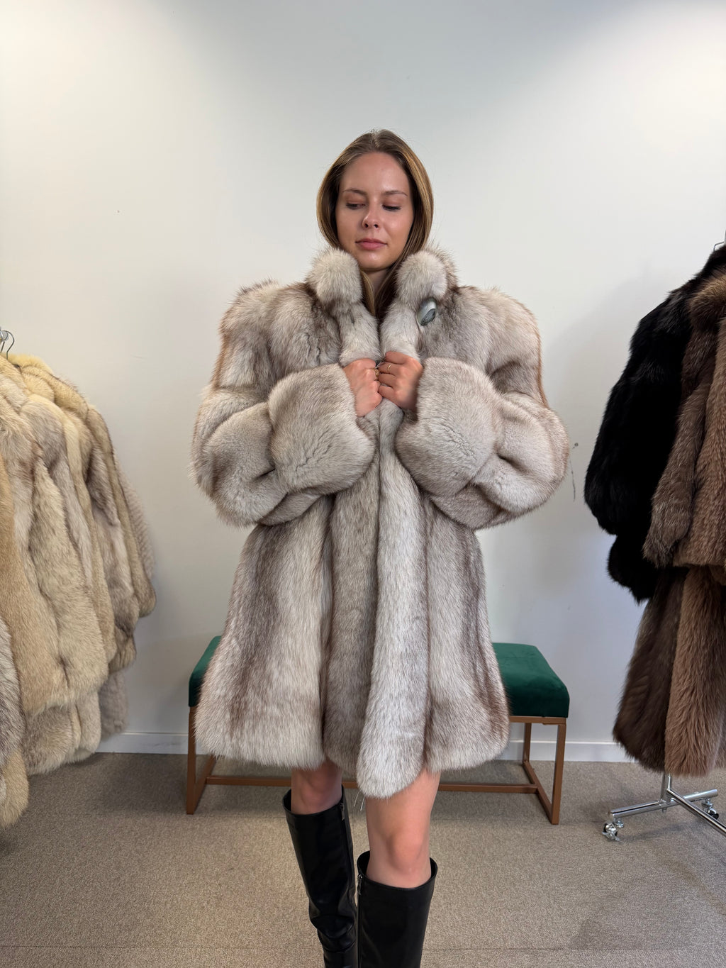 Blue Fox Fur Coat, Bright White, Size M