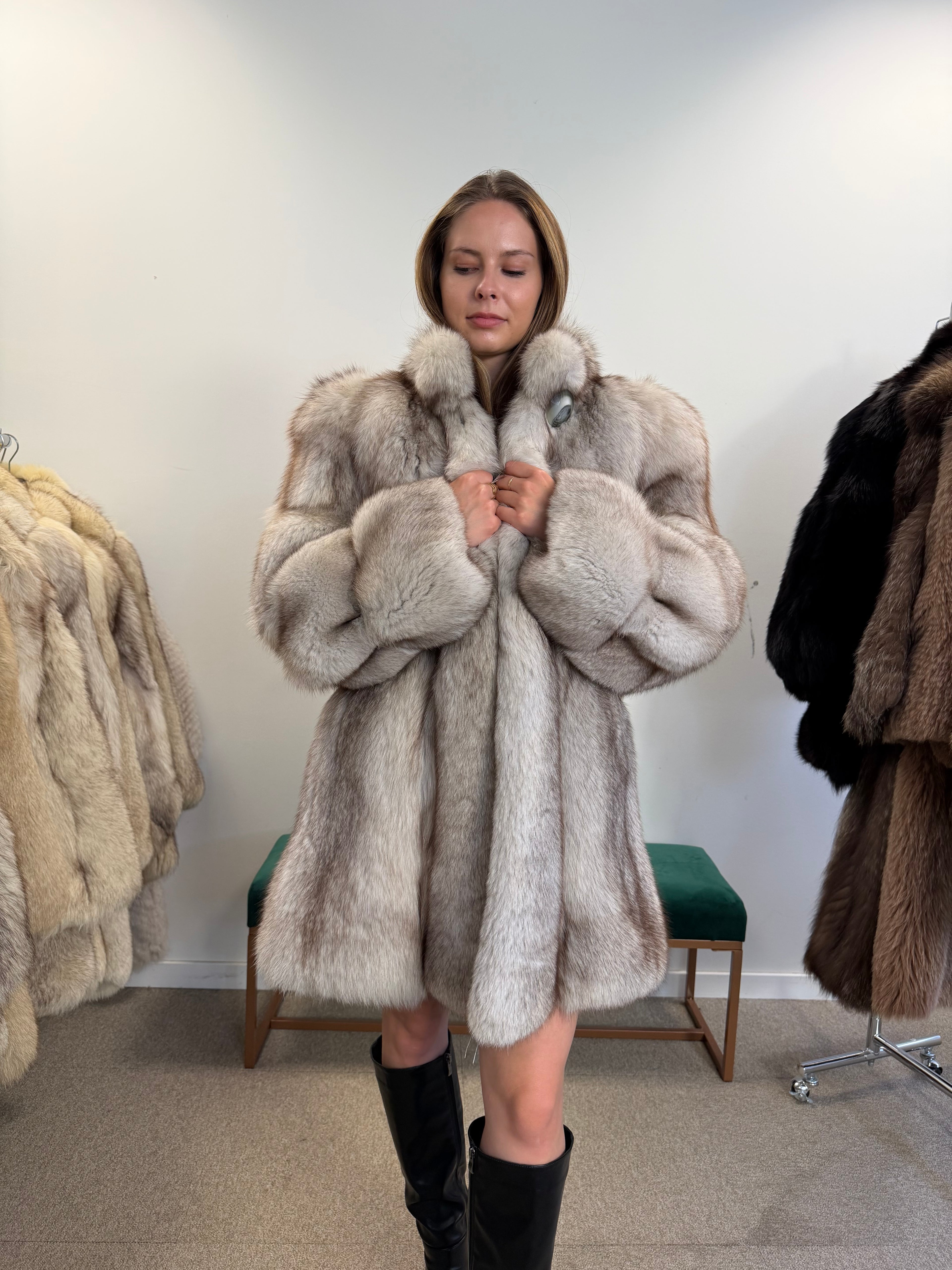Real White Blue Fox Fur Coat, Bright White, Size M