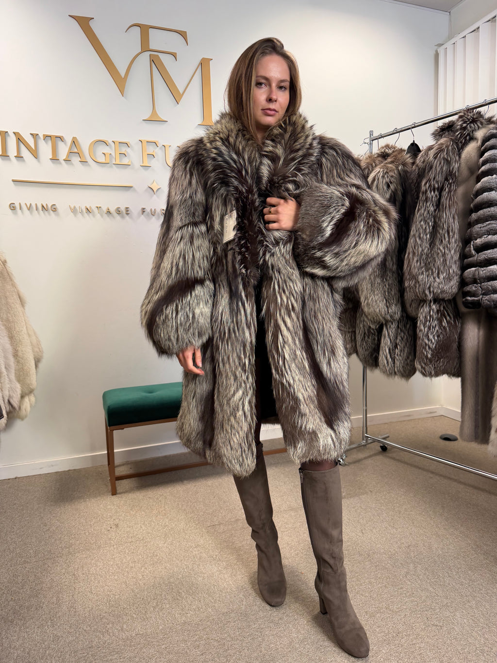Silver Fox Fur Coat, XL, Super Fluffy