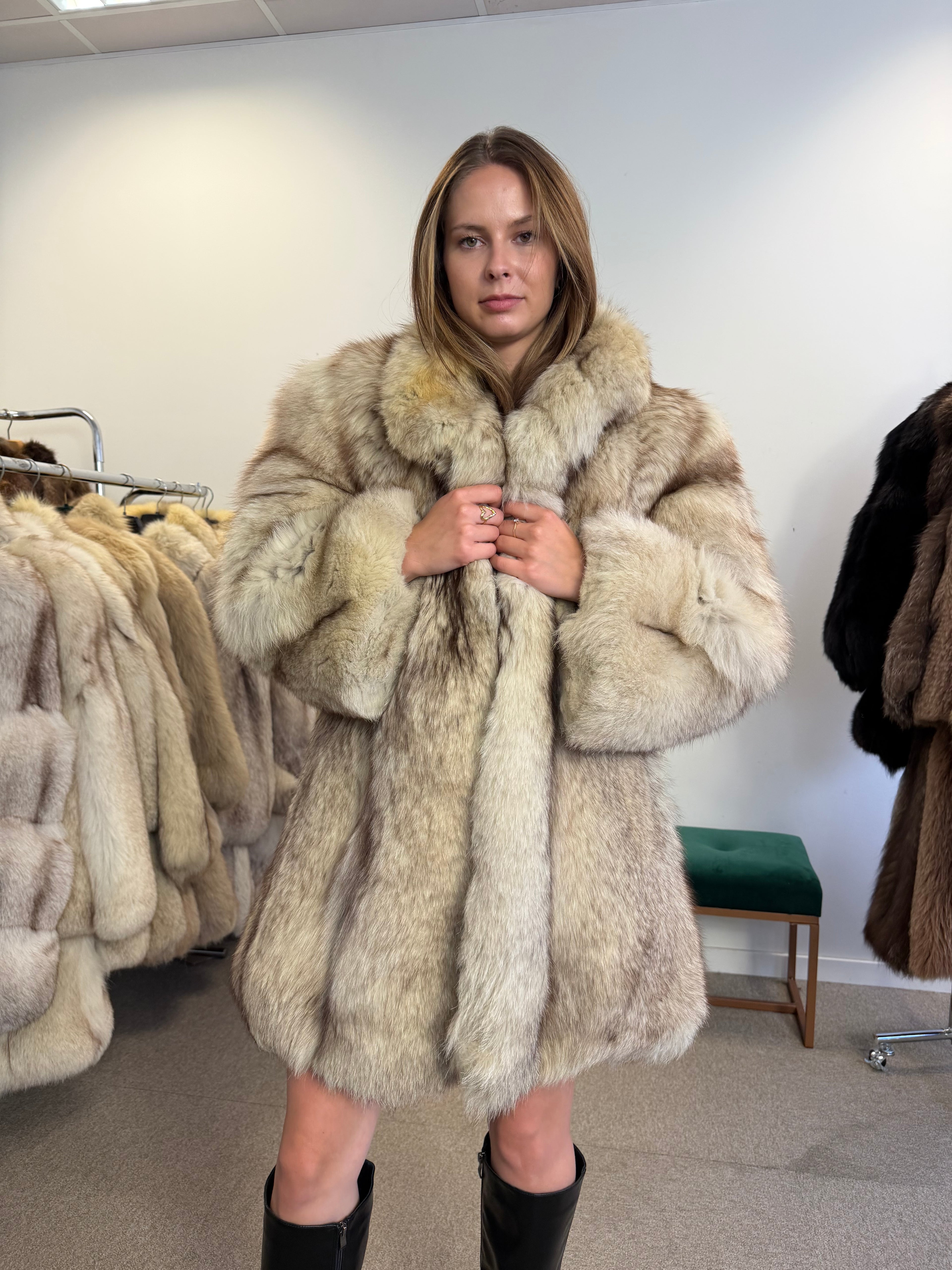 Fox Fur Coat, White, Size M