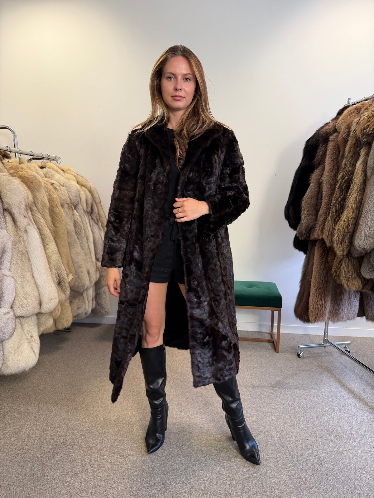 Brown Mink Fur Coat, Pieced, Full Length, Medium