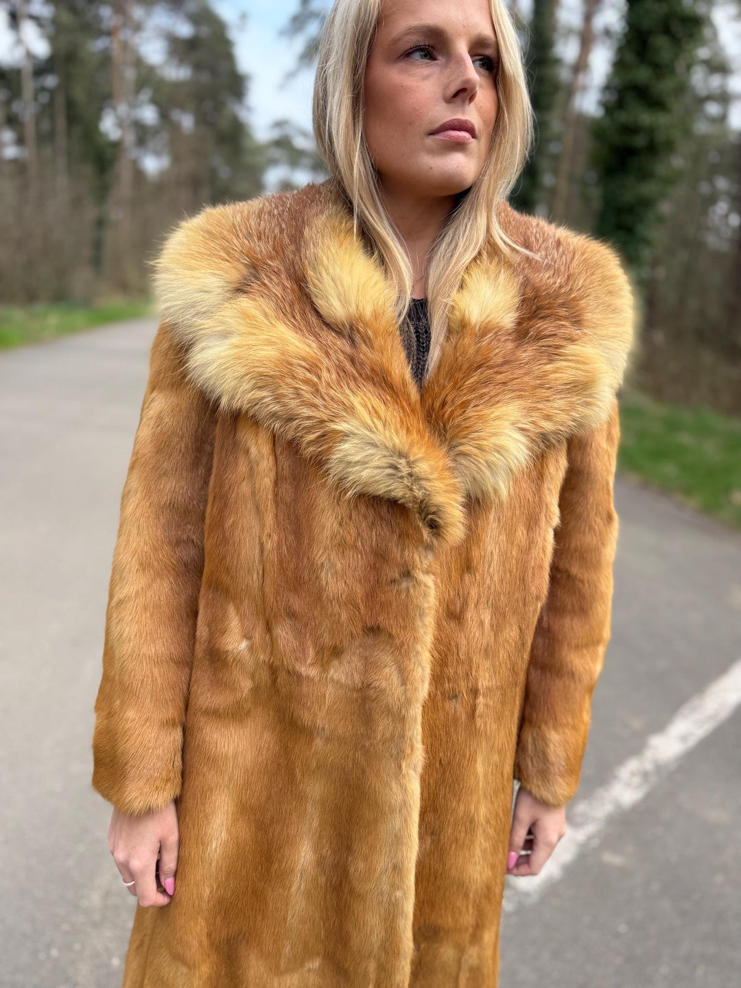 Golden Coyote Fur Coat with Red Fox Fur Collar, Large Size, Full-Length Fur Coat,  Luxurious and Warm Women's Fur Coat, Eye-Catching Design