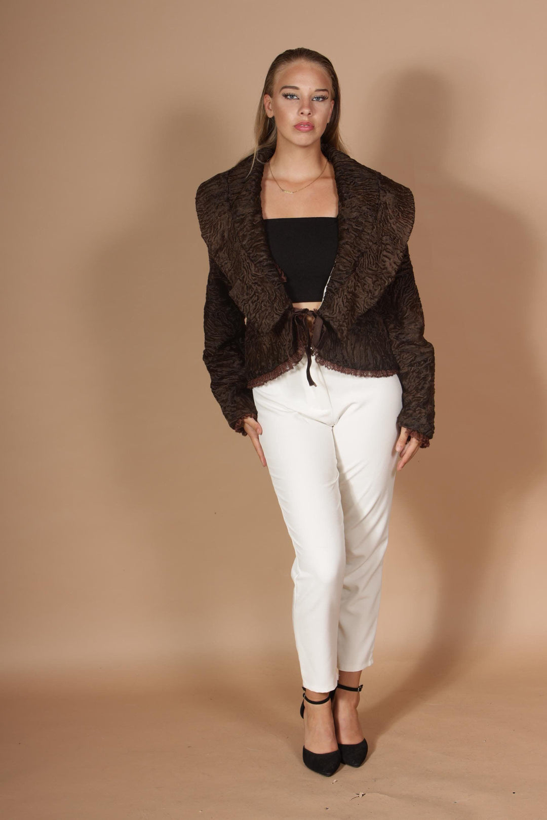 Brown swakara fur jacket , small size luxury design astrakhan fur jacket, real fur coat, short blue swakara fur coat, made in greece, new