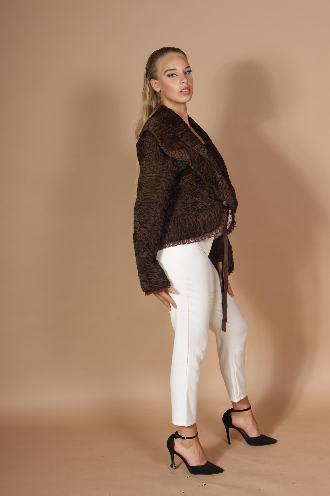 Brown swakara fur jacket , small size luxury design astrakhan fur jacket, real fur coat, short blue swakara fur coat, made in greece, new