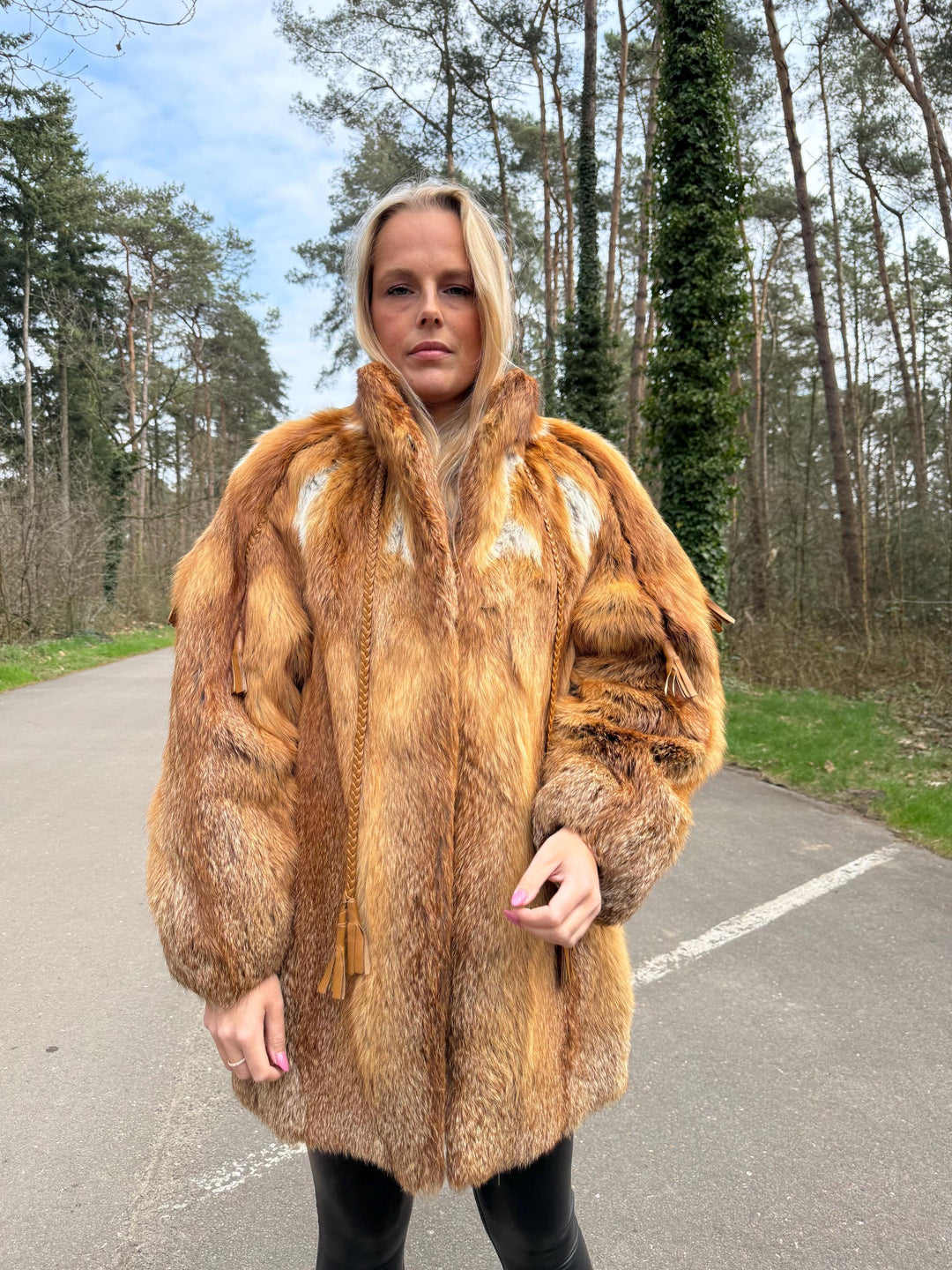 Red Fox Fur Jacket with Golden Lining, M/L Size, Real Fox Fur, Leather Belts Design Over Jacket, Soft and Luxurious Jacket, Vintage Style