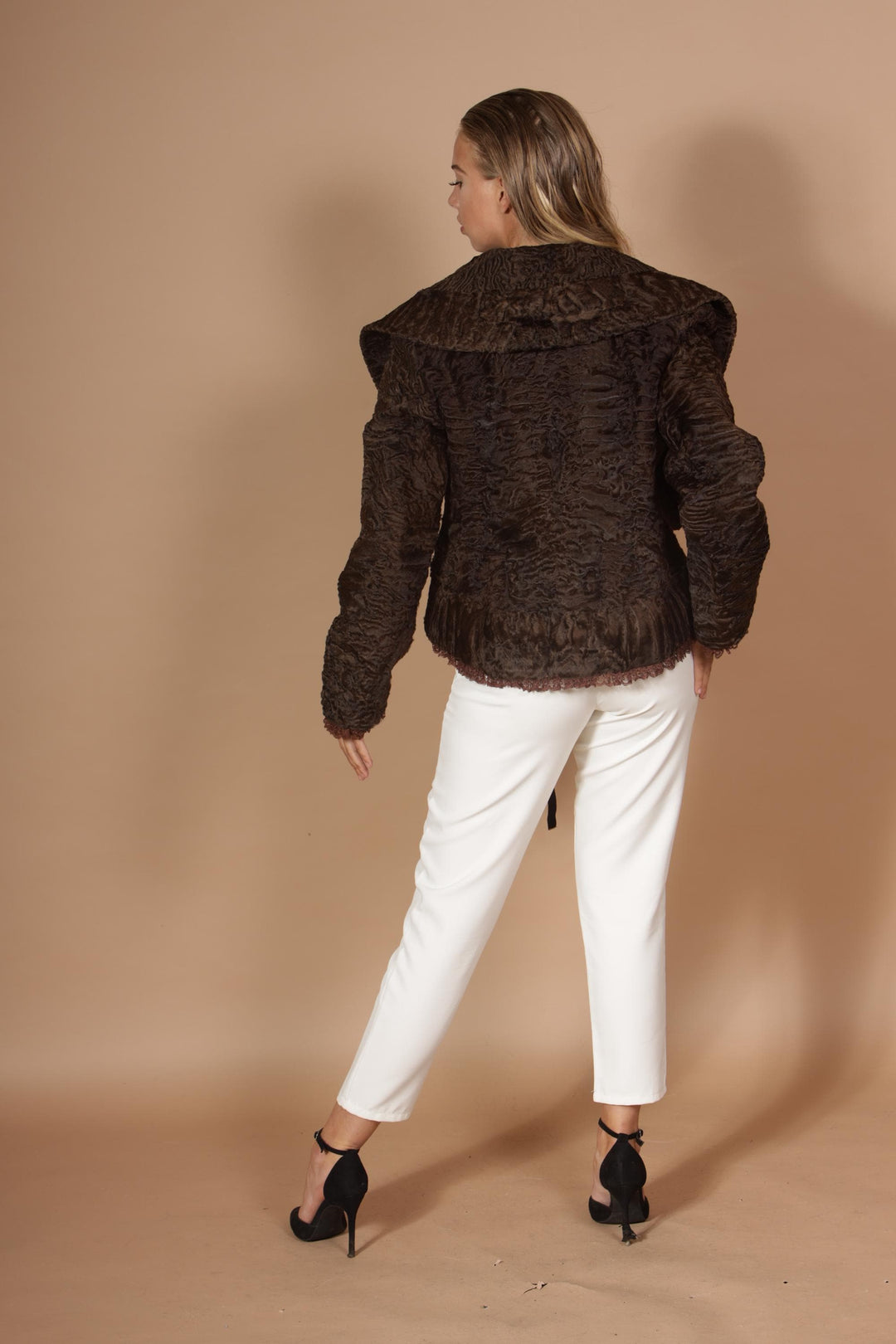 Brown swakara fur jacket , small size luxury design astrakhan fur jacket, real fur coat, short blue swakara fur coat, made in greece, new