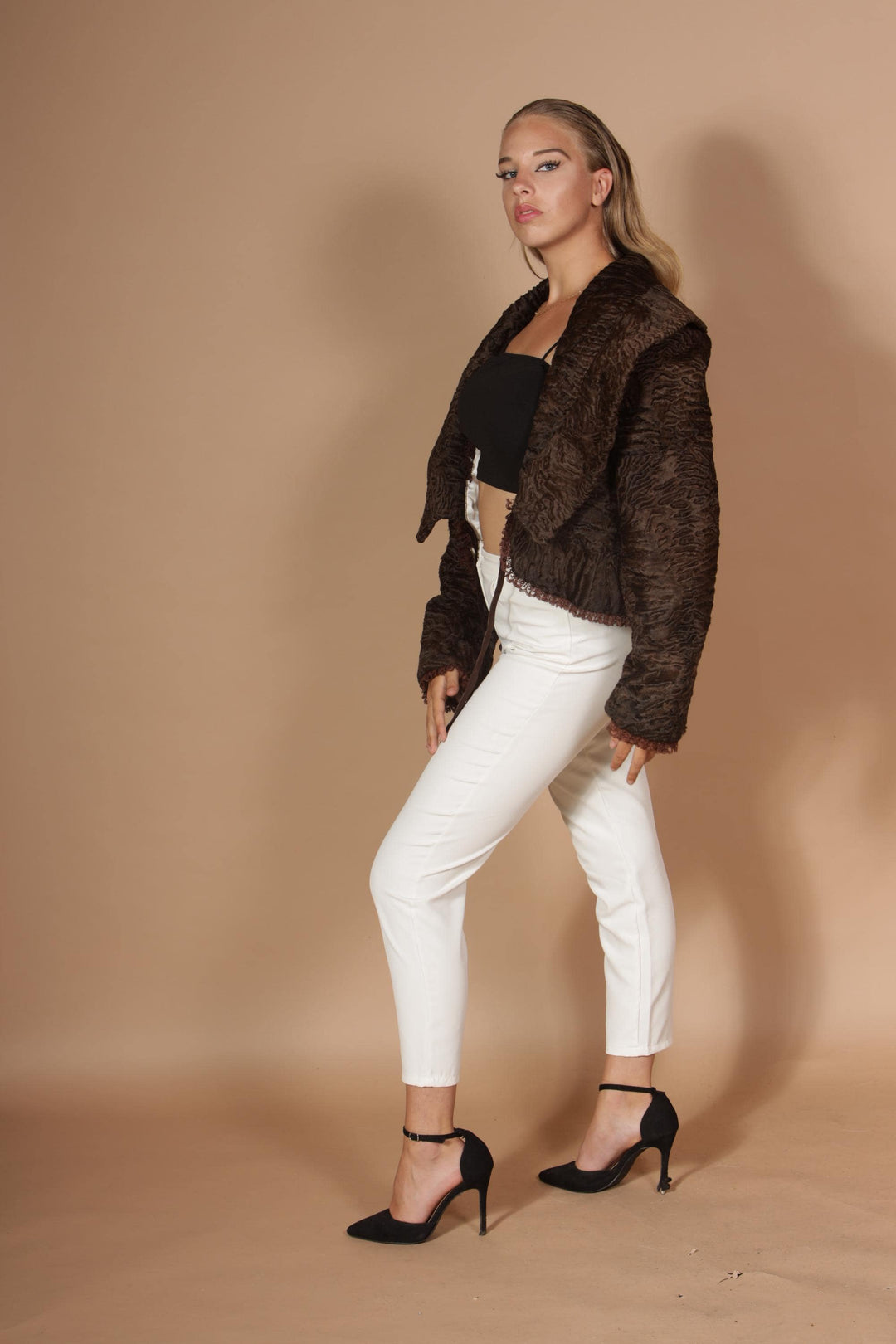 Brown swakara fur jacket , small size luxury design astrakhan fur jacket, real fur coat, short blue swakara fur coat, made in greece, new