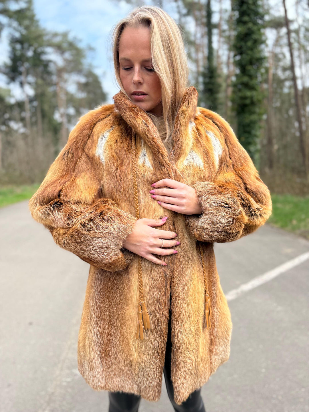 Red Fox Fur Jacket with Golden Lining, M/L Size, Real Fox Fur, Leather Belts Design Over Jacket, Soft and Luxurious Jacket, Vintage Style