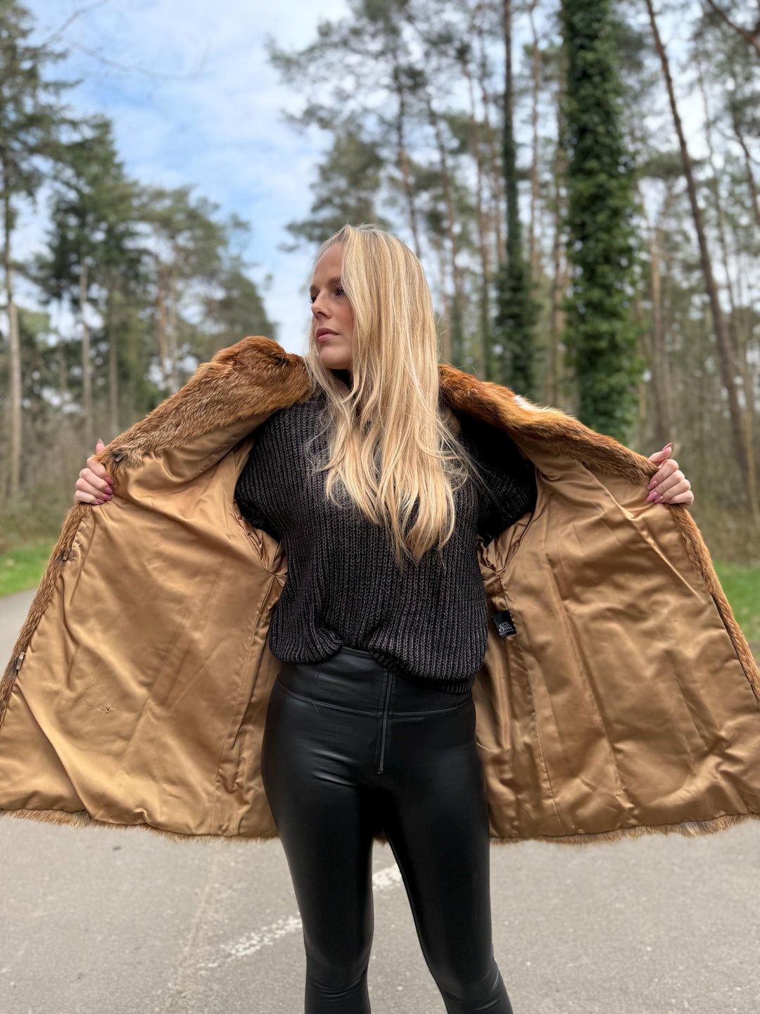 Red Fox Fur Jacket with Golden Lining, M/L Size, Real Fox Fur, Leather Belts Design Over Jacket, Soft and Luxurious Jacket, Vintage Style
