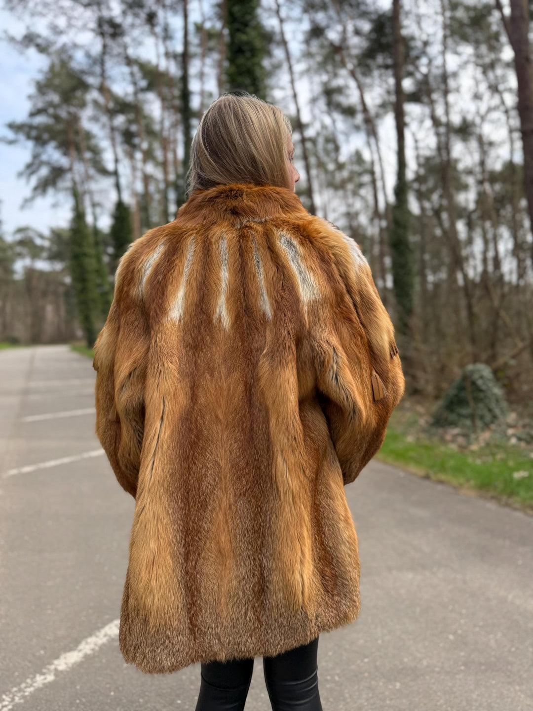 Red Fox Fur Jacket with Golden Lining, M/L Size, Real Fox Fur, Leather Belts Design Over Jacket, Soft and Luxurious Jacket, Vintage Style
