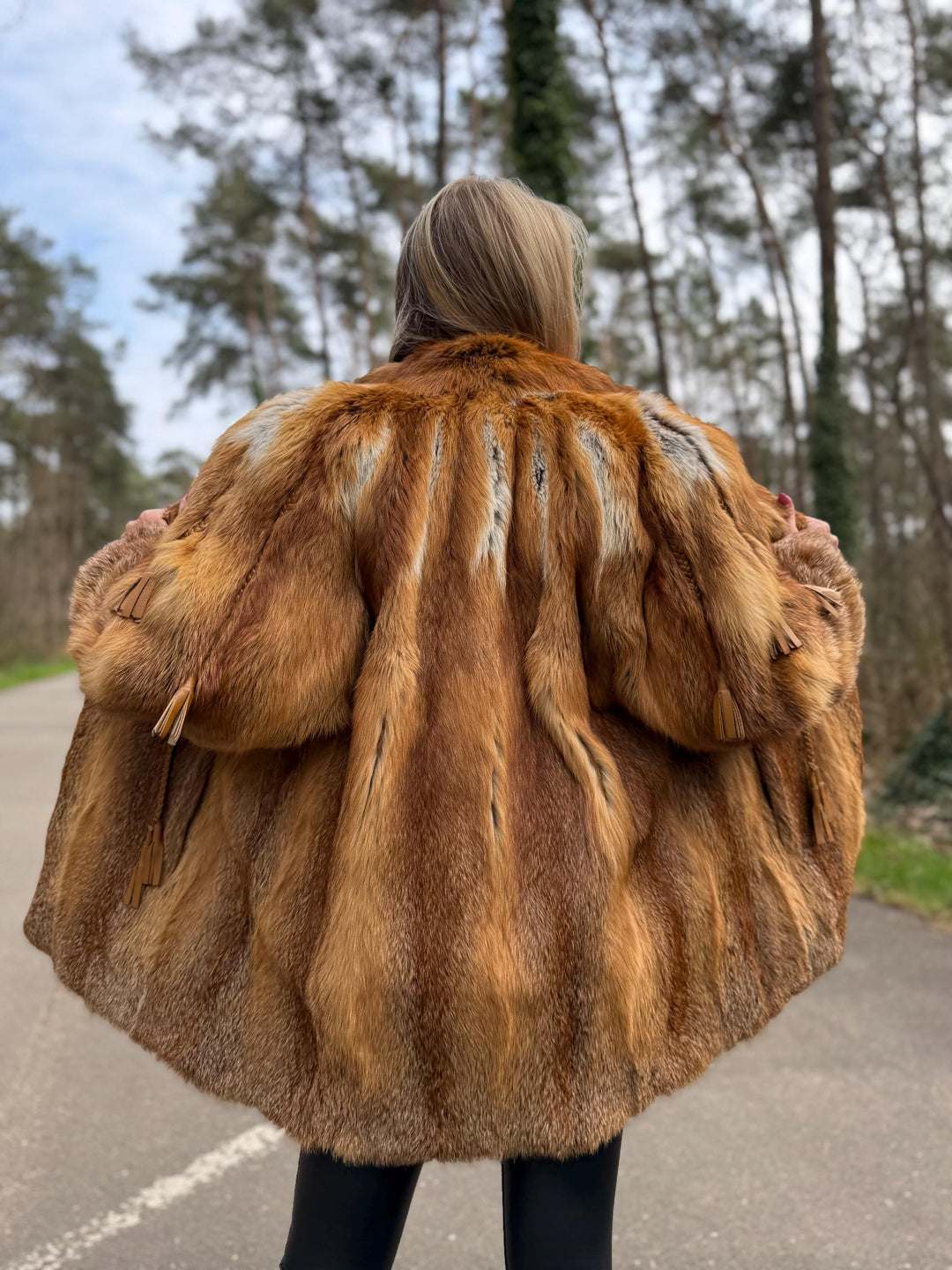 Red Fox Fur Jacket with Golden Lining, M/L Size, Real Fox Fur, Leather Belts Design Over Jacket, Soft and Luxurious Jacket, Vintage Style