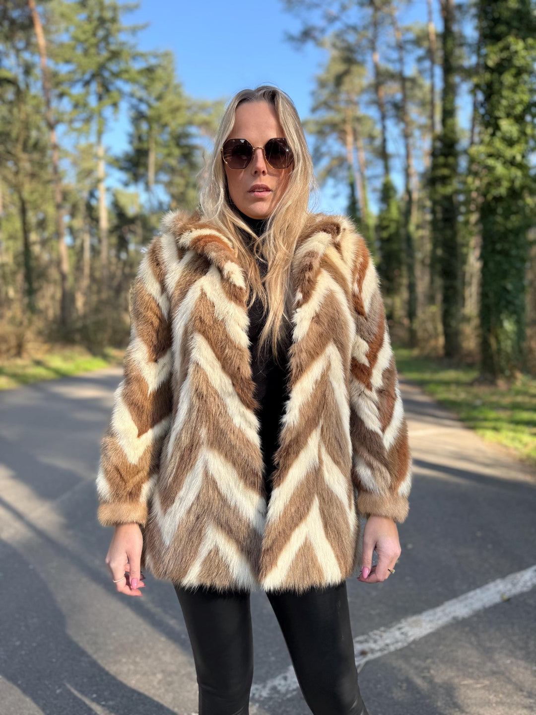 Colorful Beige White Mink Fur Jacket with Hoodie, Medium Size, Real Mink Fur, Cross Mink Design, Soft and Thick Fur, Luxurious Unique Style