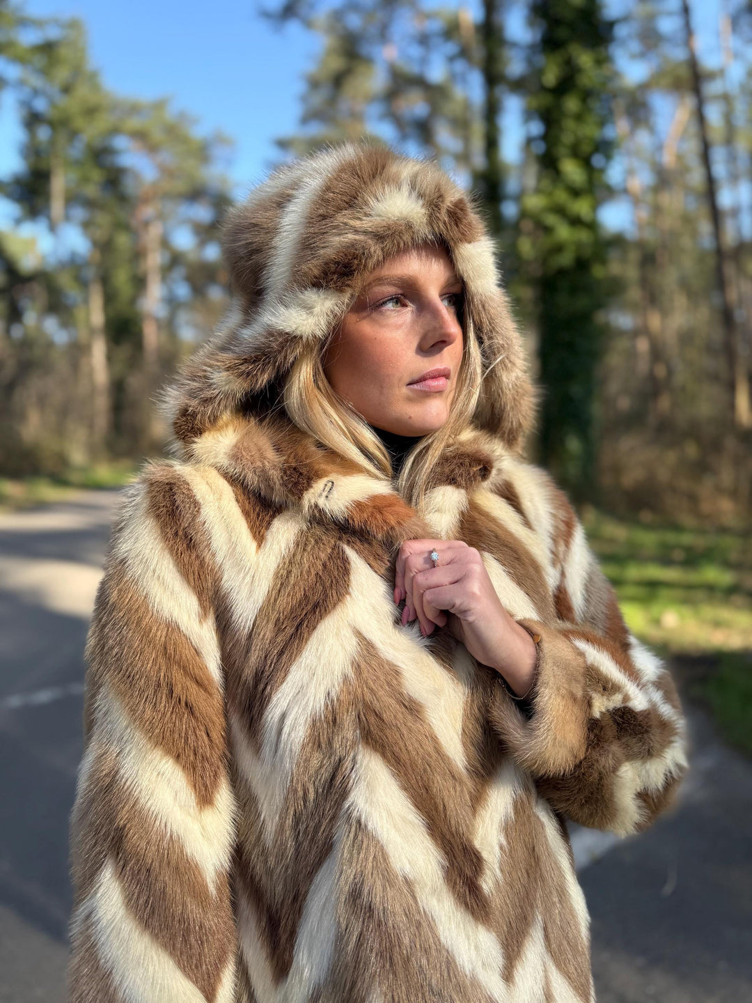 Colorful Beige White Mink Fur Jacket with Hoodie, Medium Size, Real Mink Fur, Cross Mink Design, Soft and Thick Fur, Luxurious Unique Style