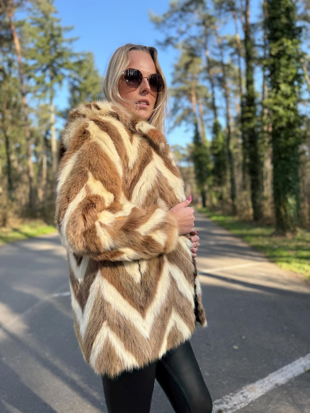 Colorful Beige White Mink Fur Jacket with Hoodie, Medium Size, Real Mink Fur, Cross Mink Design, Soft and Thick Fur, Luxurious Unique Style