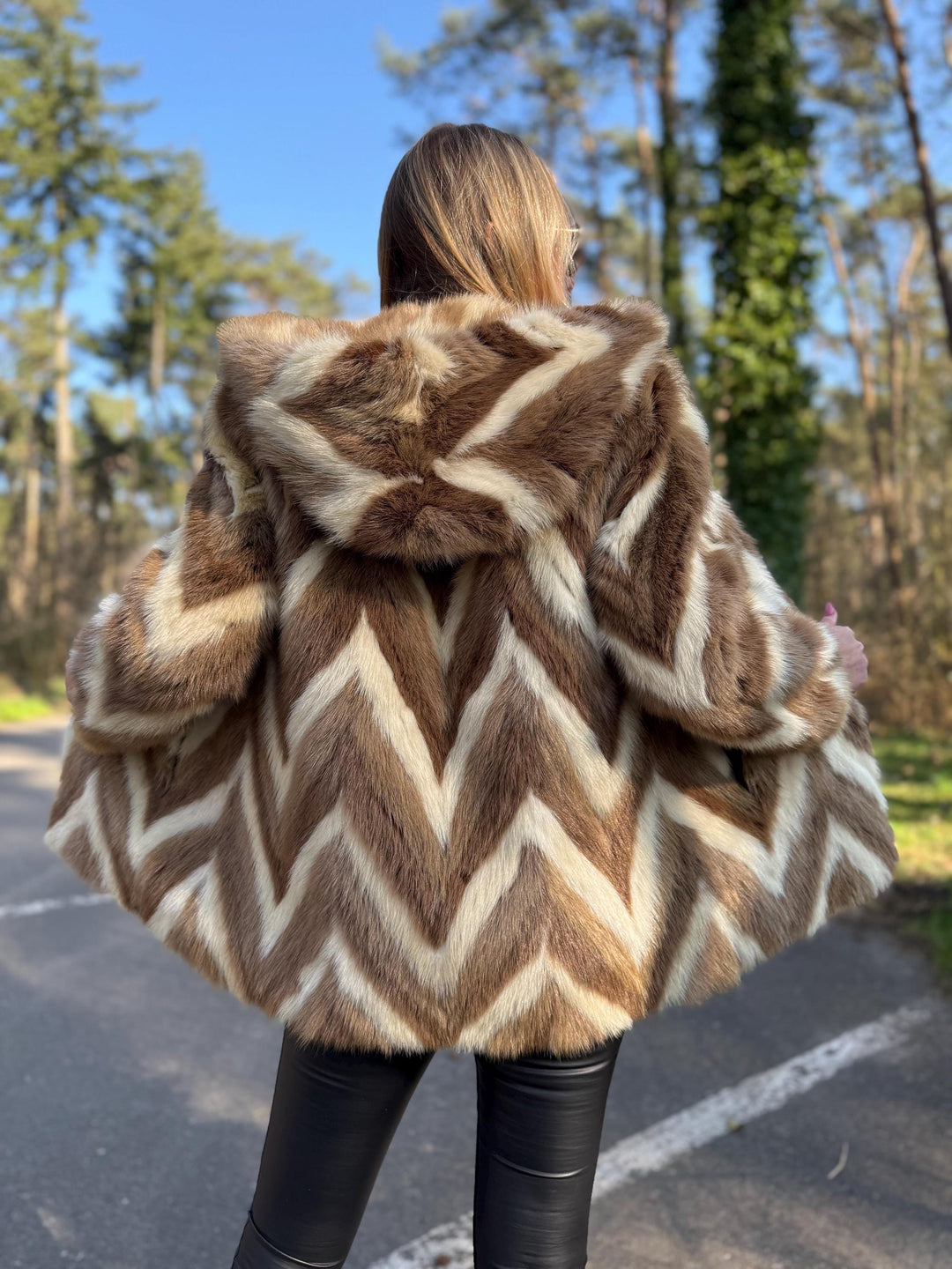 Colorful Beige White Mink Fur Jacket with Hoodie, Medium Size, Real Mink Fur, Cross Mink Design, Soft and Thick Fur, Luxurious Unique Style