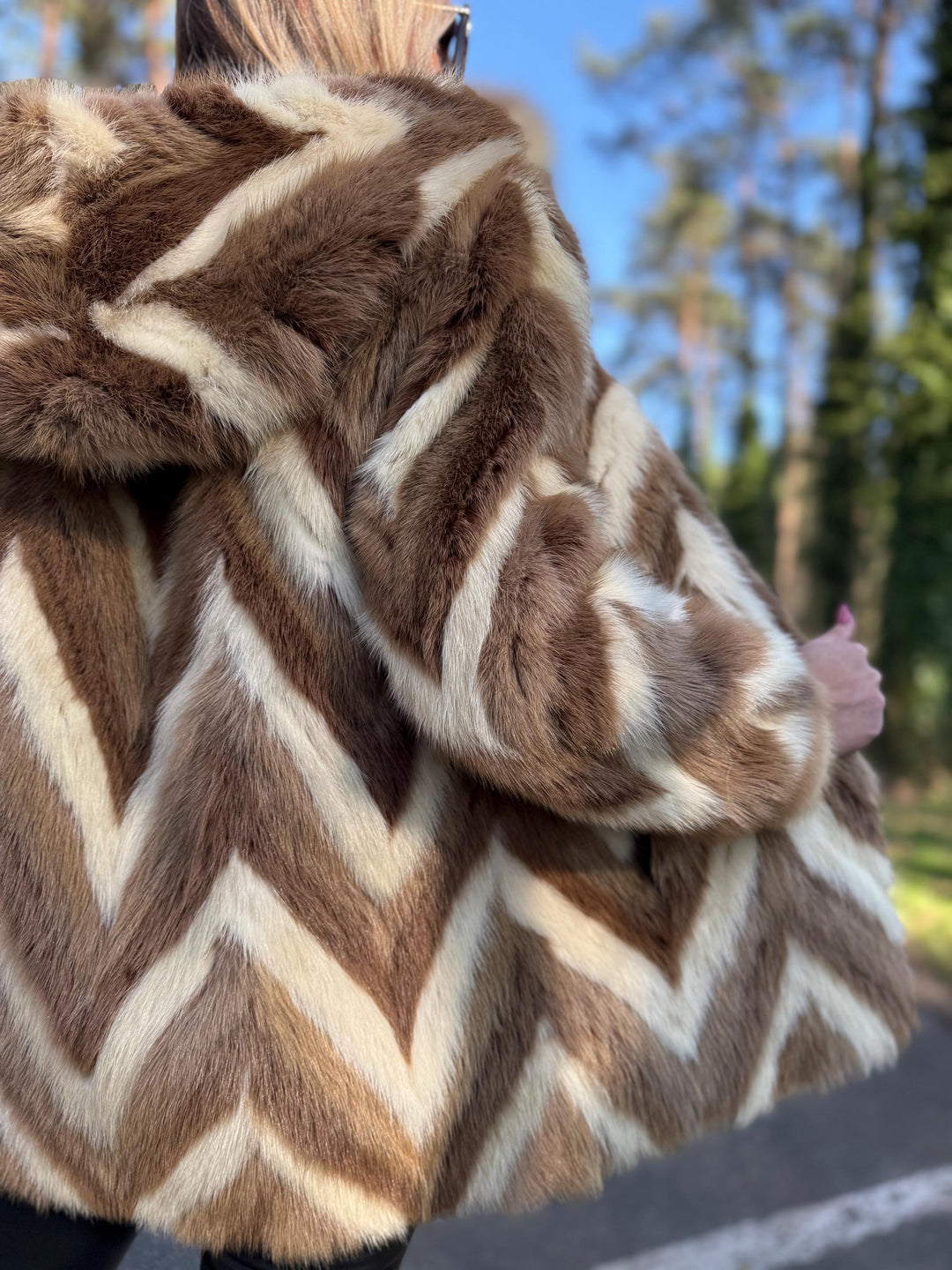 Colorful Beige White Mink Fur Jacket with Hoodie, Medium Size, Real Mink Fur, Cross Mink Design, Soft and Thick Fur, Luxurious Unique Style