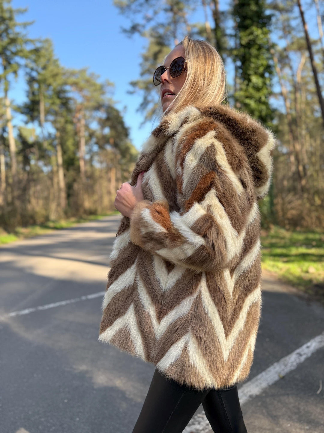 Colorful Beige White Mink Fur Jacket with Hoodie, Medium Size, Real Mink Fur, Cross Mink Design, Soft and Thick Fur, Luxurious Unique Style